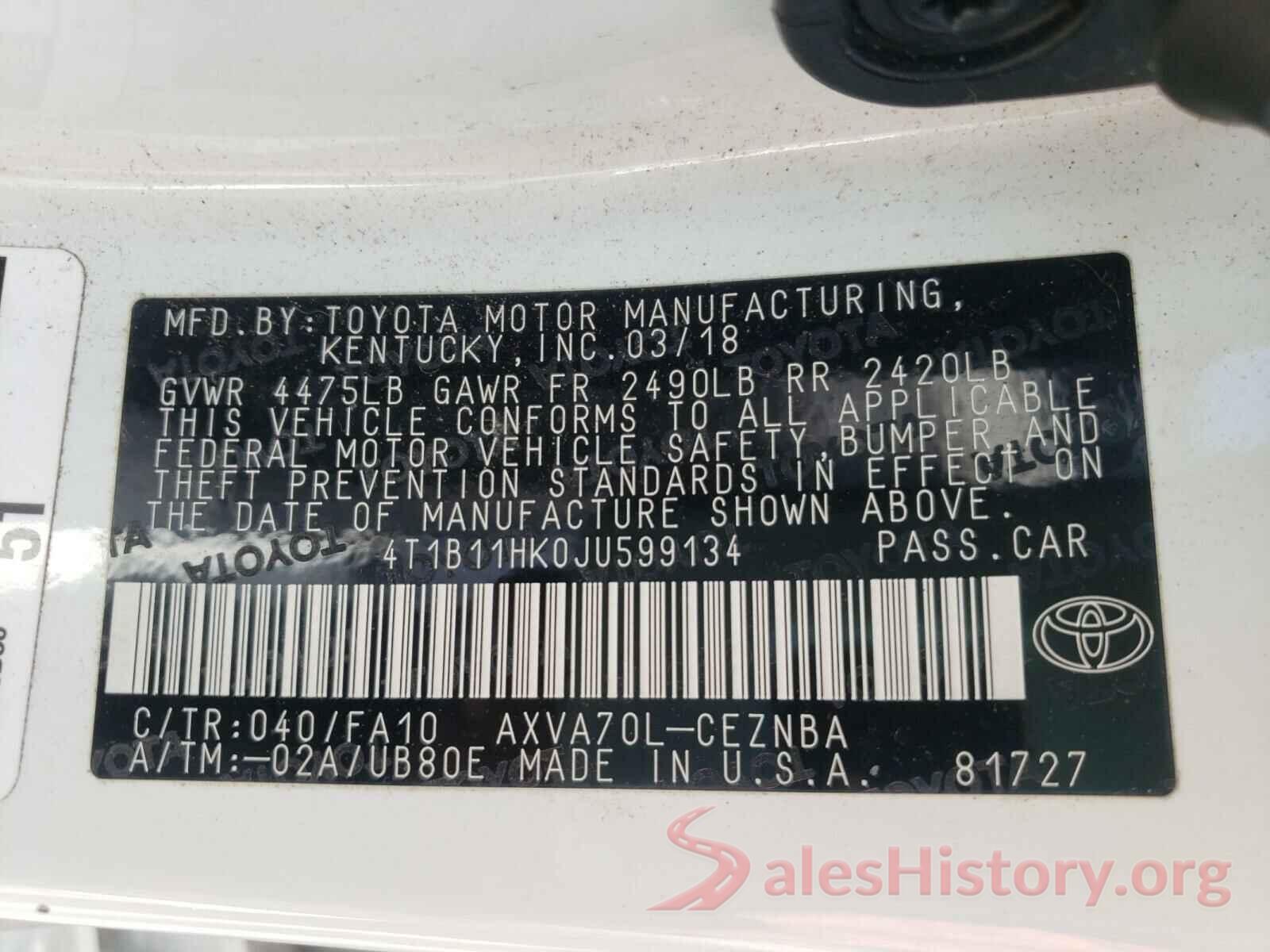 4T1B11HK0JU599134 2018 TOYOTA CAMRY