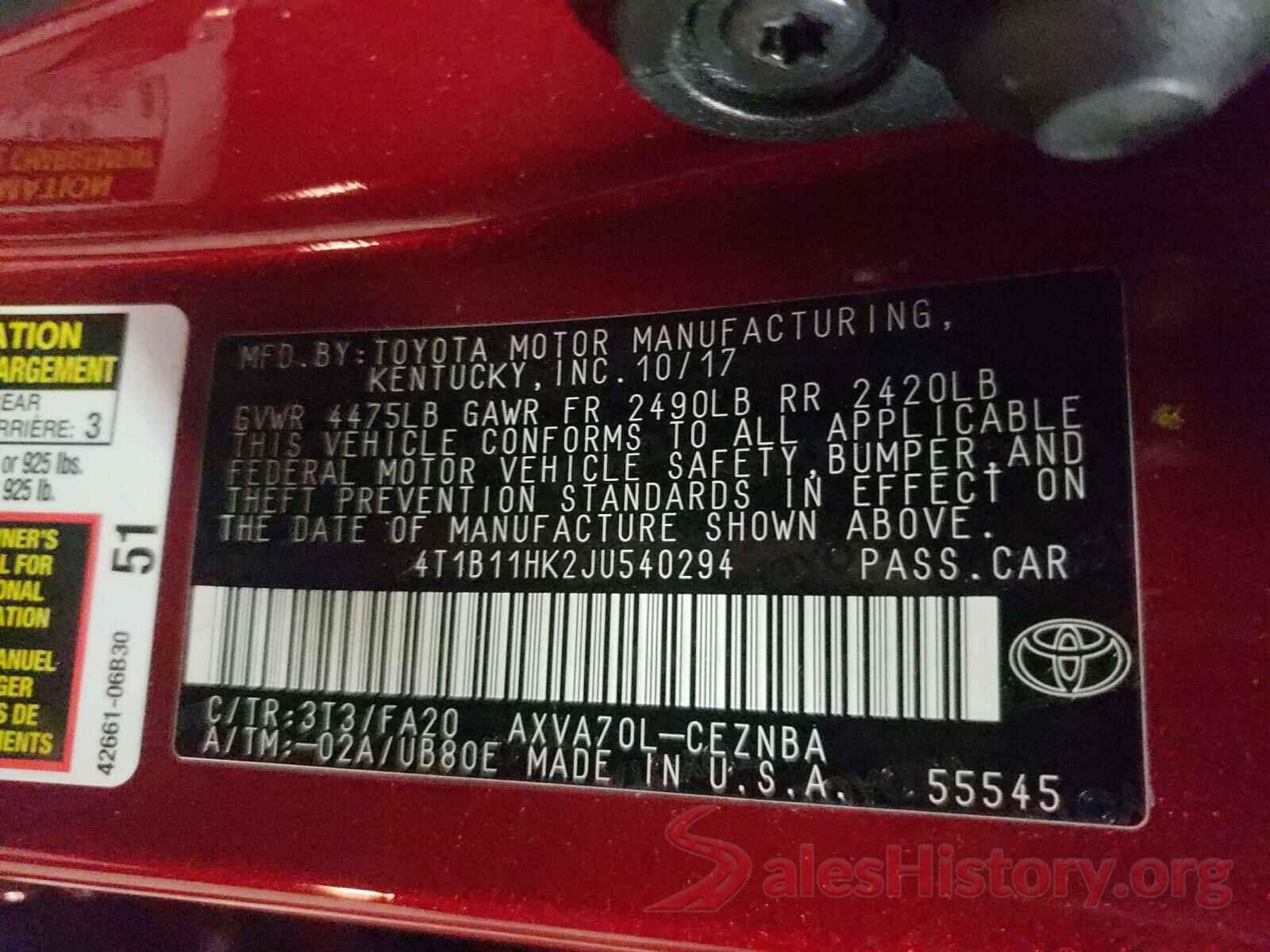 4T1B11HK2JU540294 2018 TOYOTA CAMRY