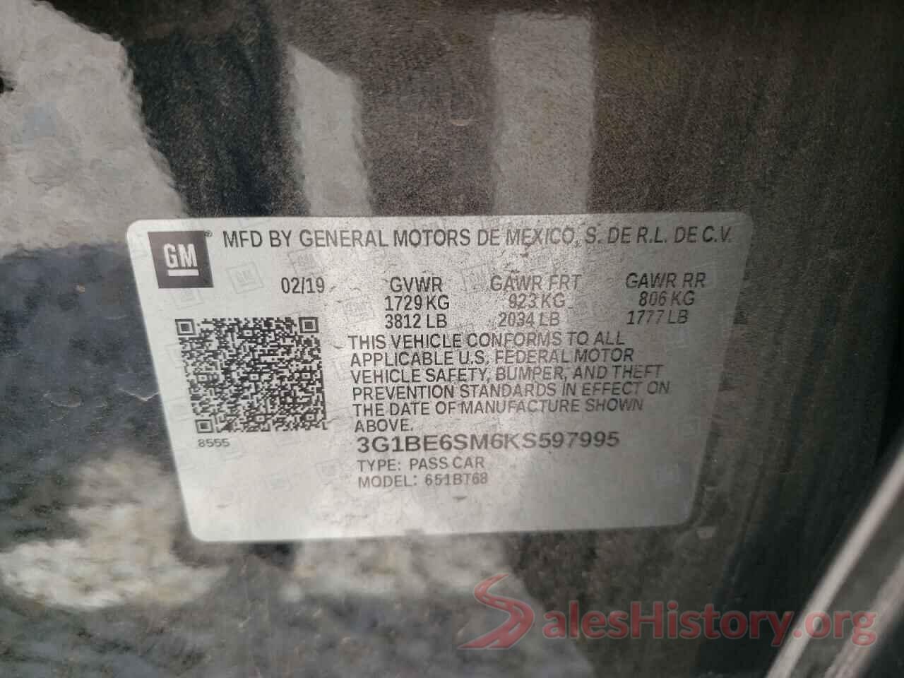 3G1BE6SM6KS597995 2019 CHEVROLET CRUZE