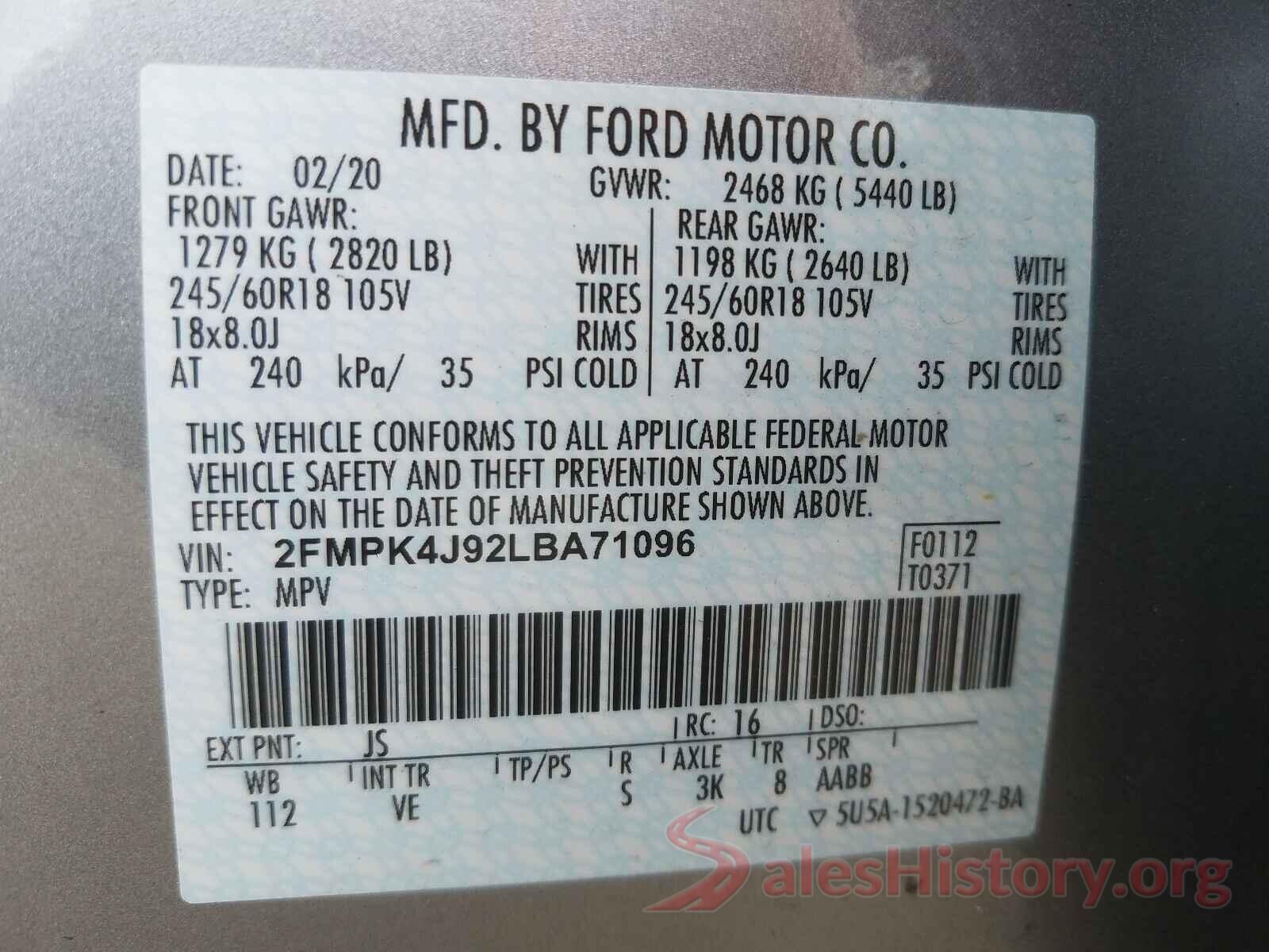 2FMPK4J92LBA71096 2020 FORD EDGE