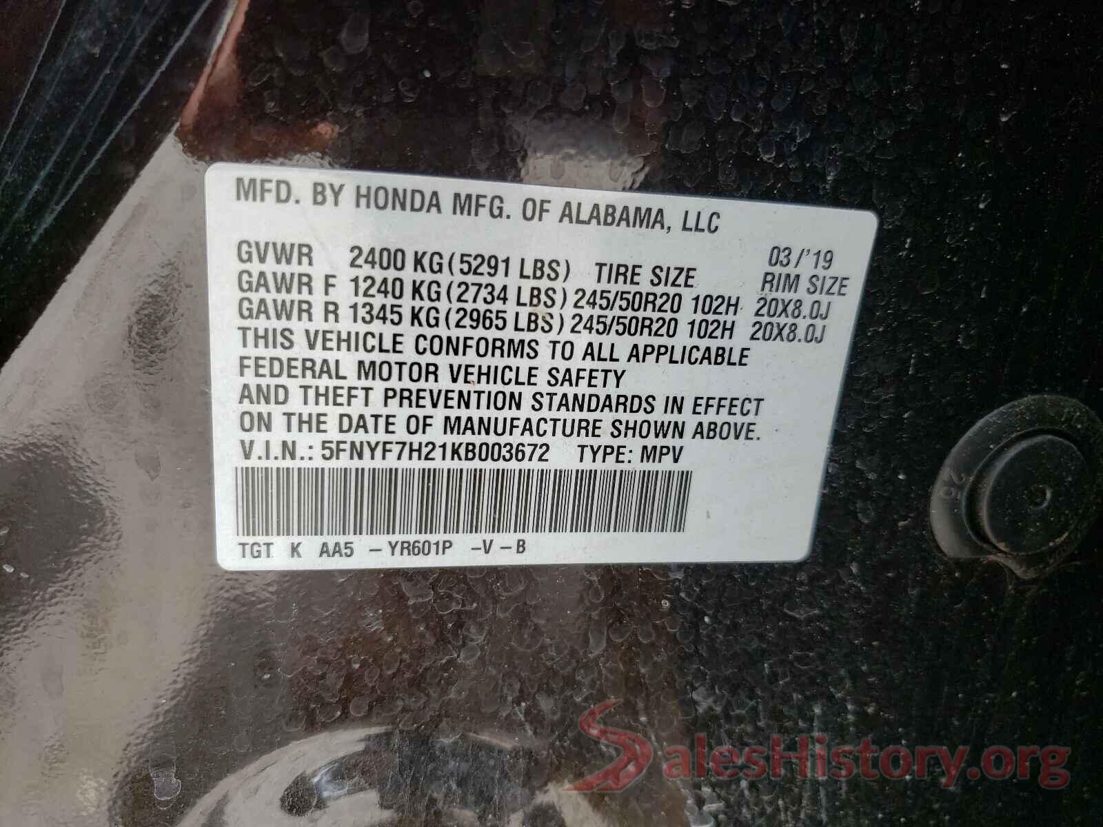 5FNYF7H21KB003672 2019 HONDA PASSPORT