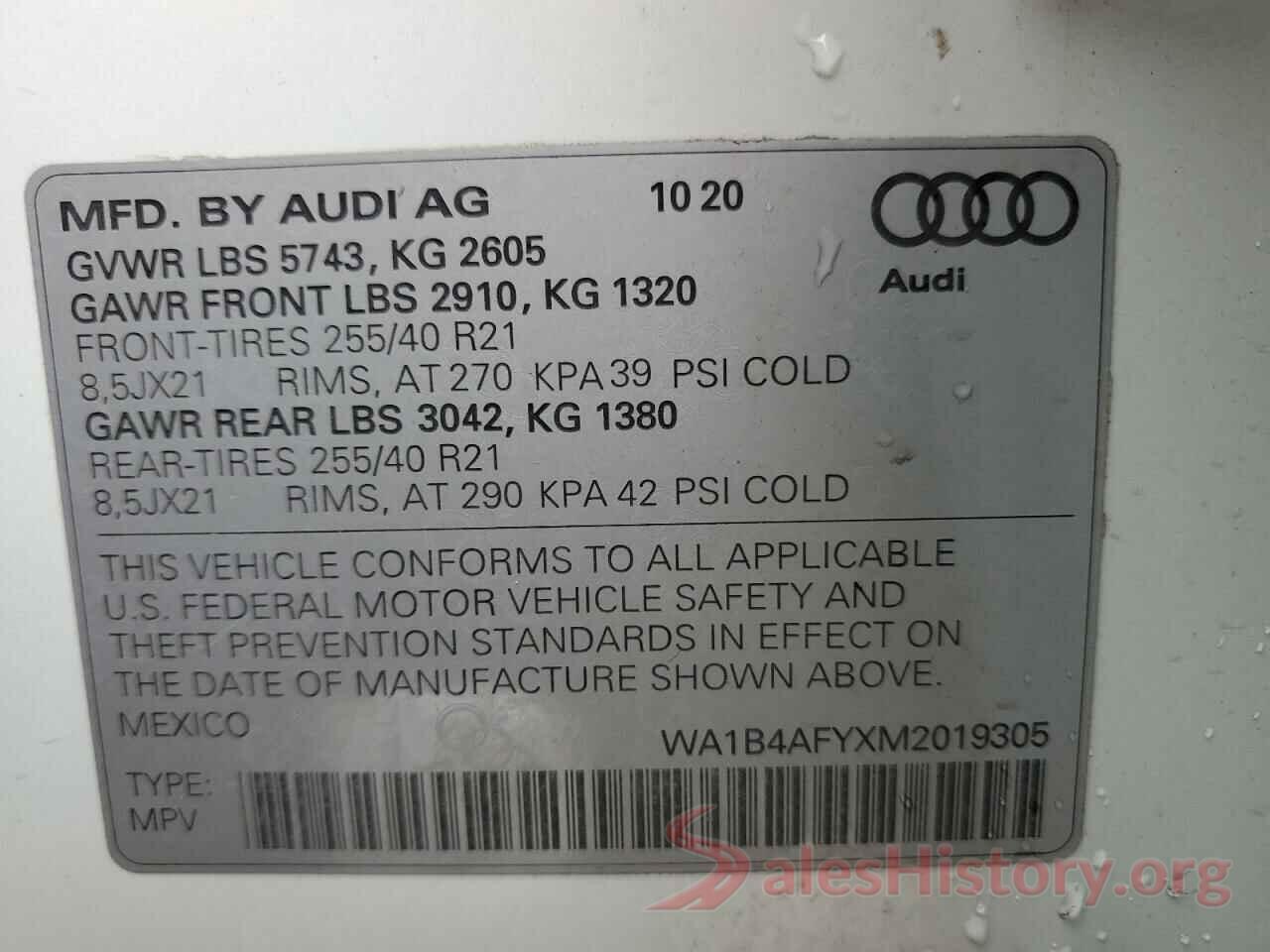 WA1B4AFYXM2019305 2021 AUDI SQ5