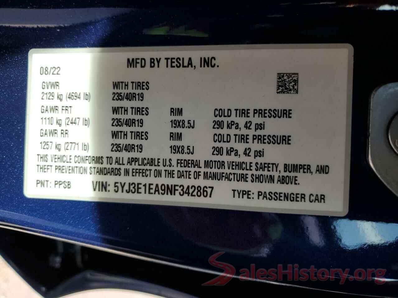 5YJ3E1EA9NF342867 2022 TESLA MODEL 3