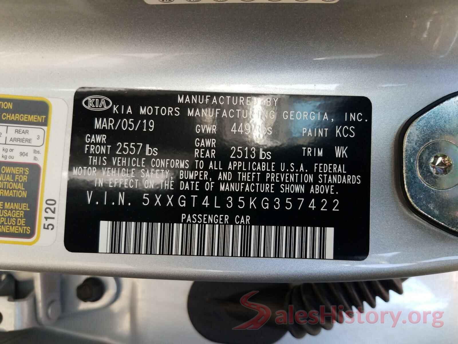 5XXGT4L35KG357422 2019 KIA OPTIMA