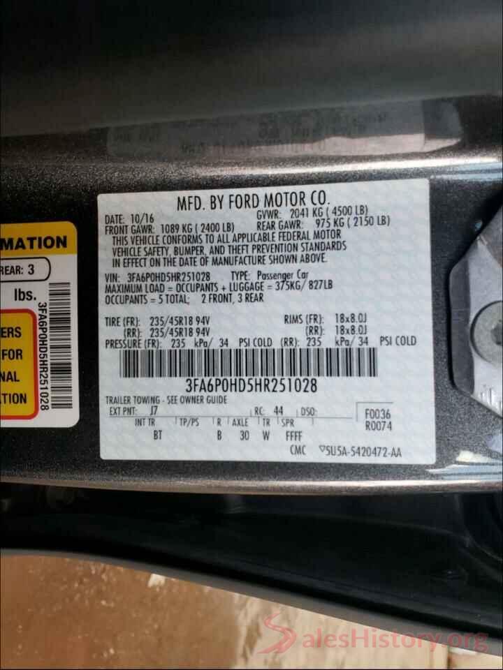 3FA6P0HD5HR251028 2017 FORD FUSION