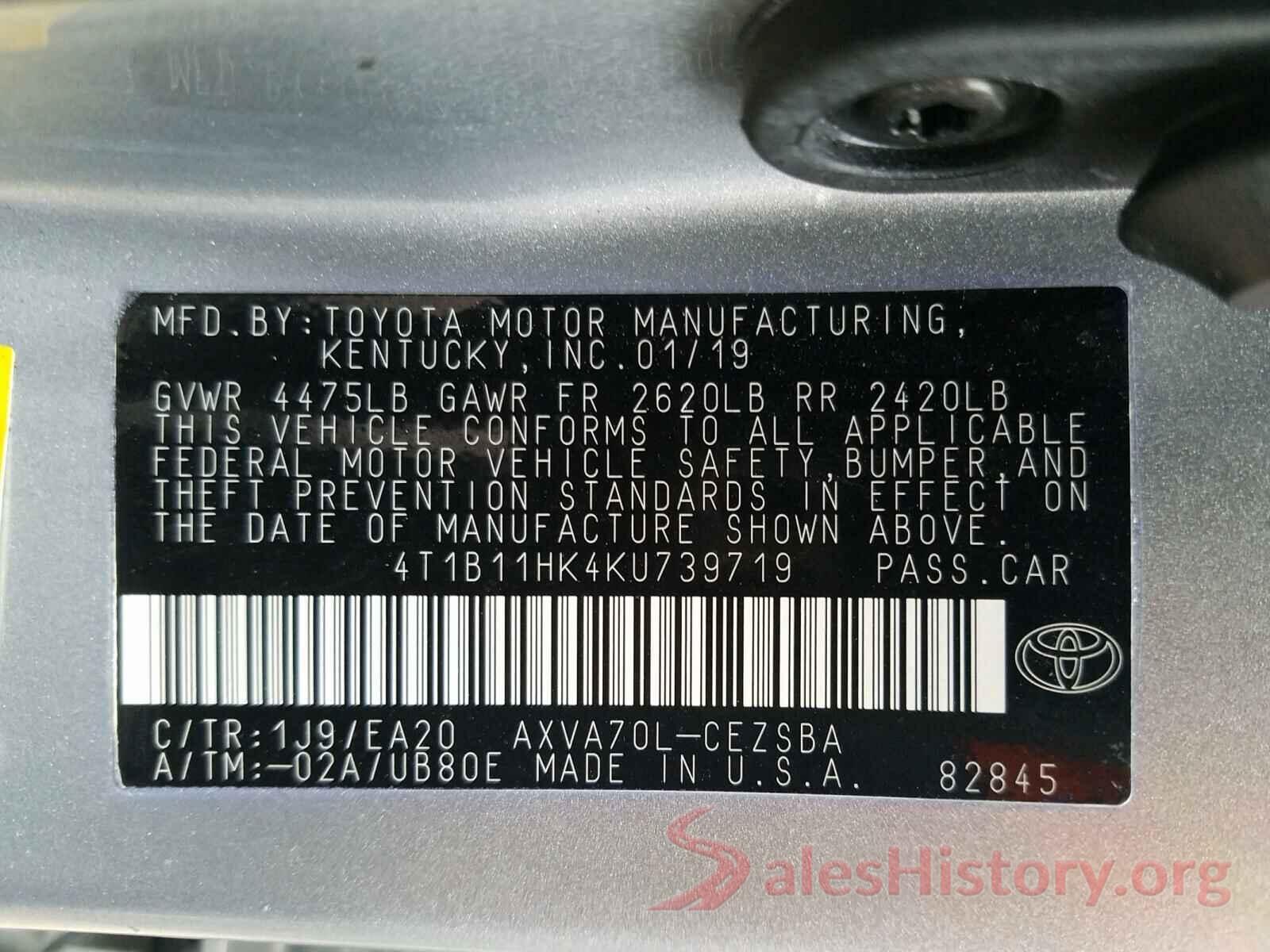 4T1B11HK4KU739719 2019 TOYOTA CAMRY