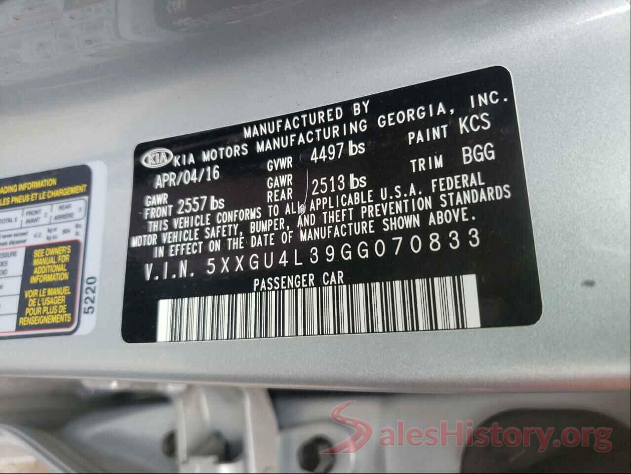 5XXGU4L39GG070833 2016 KIA OPTIMA