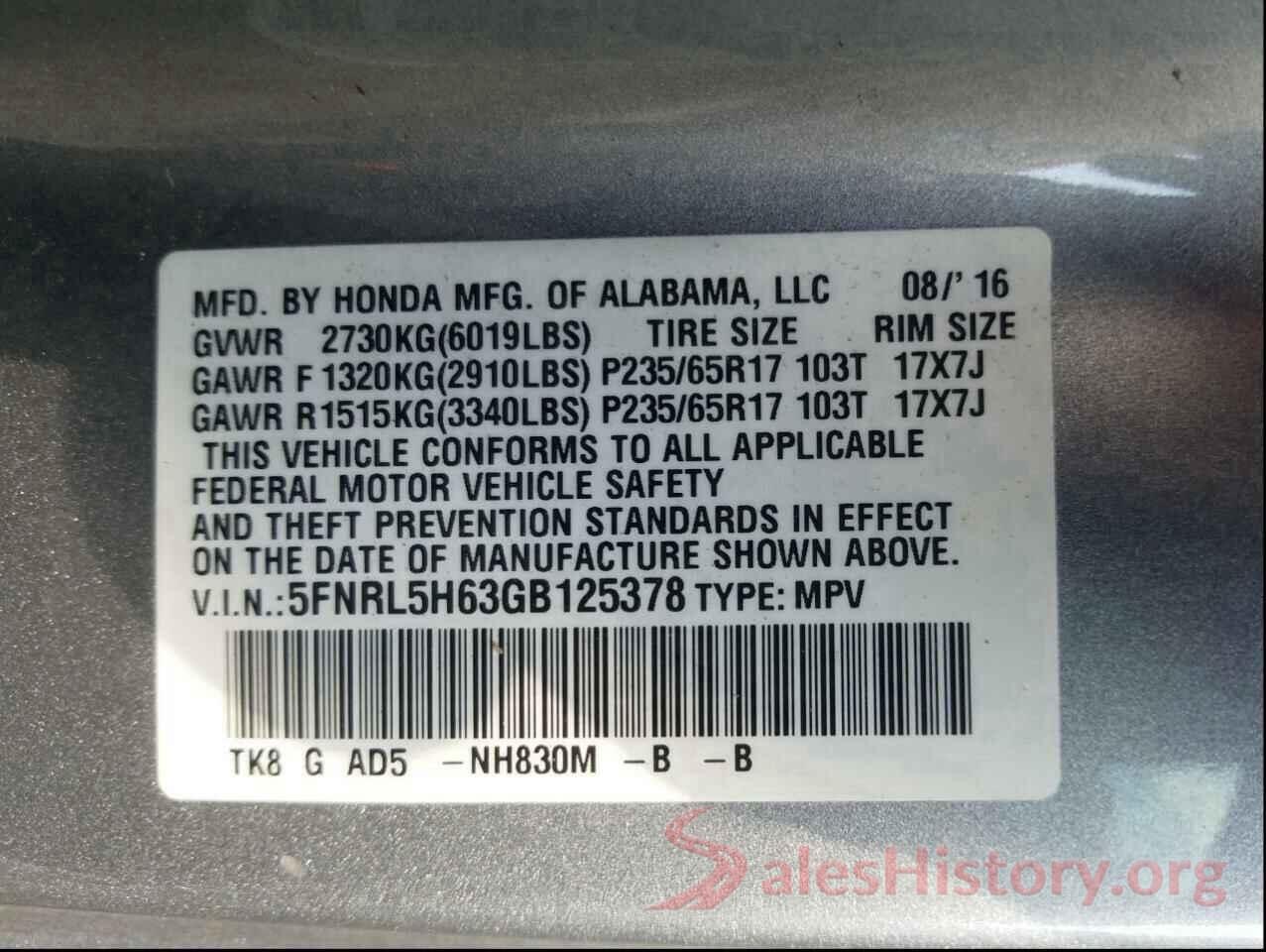 5FNRL5H63GB125378 2016 HONDA ODYSSEY