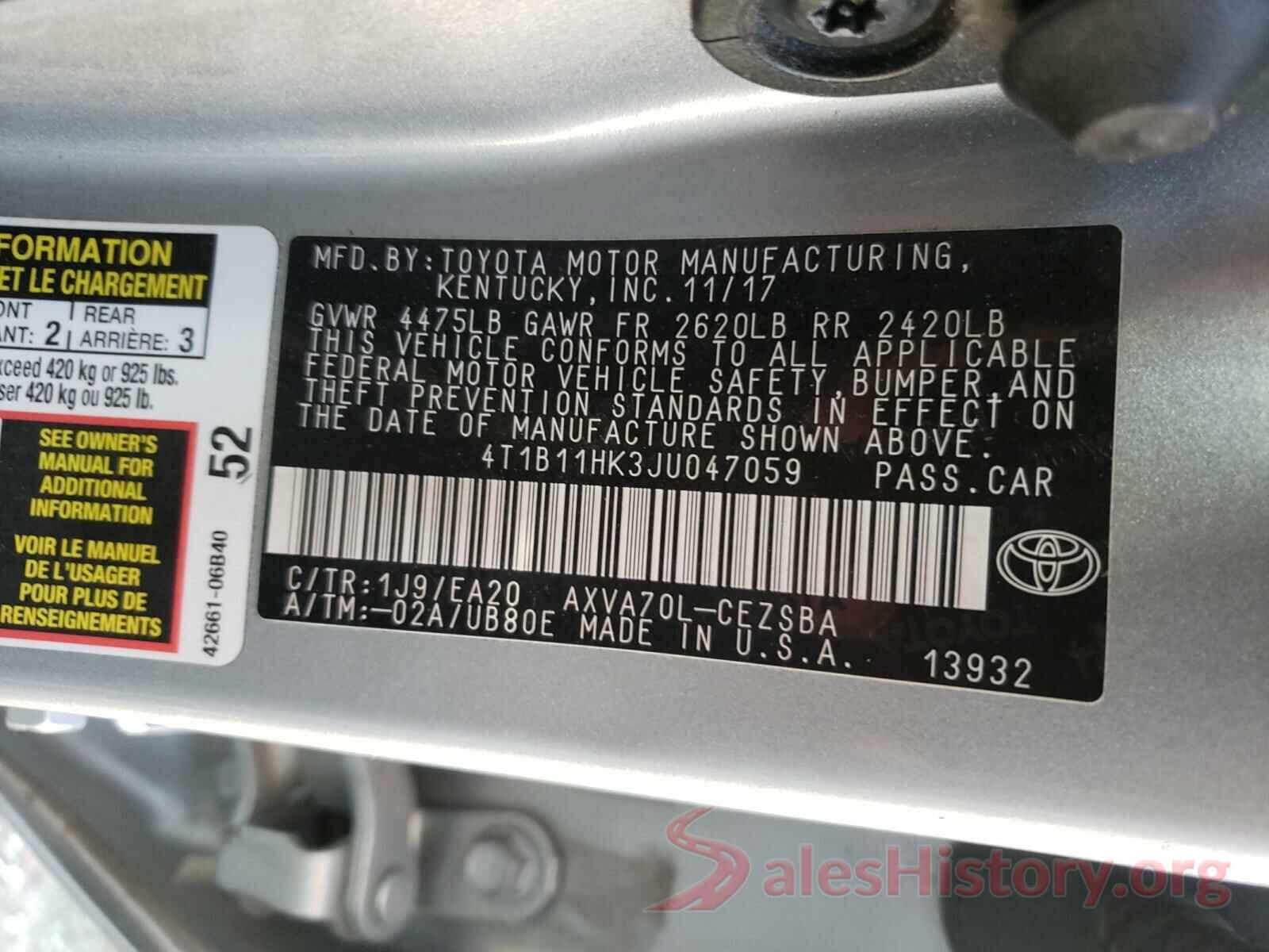 4T1B11HK3JU047059 2018 TOYOTA CAMRY