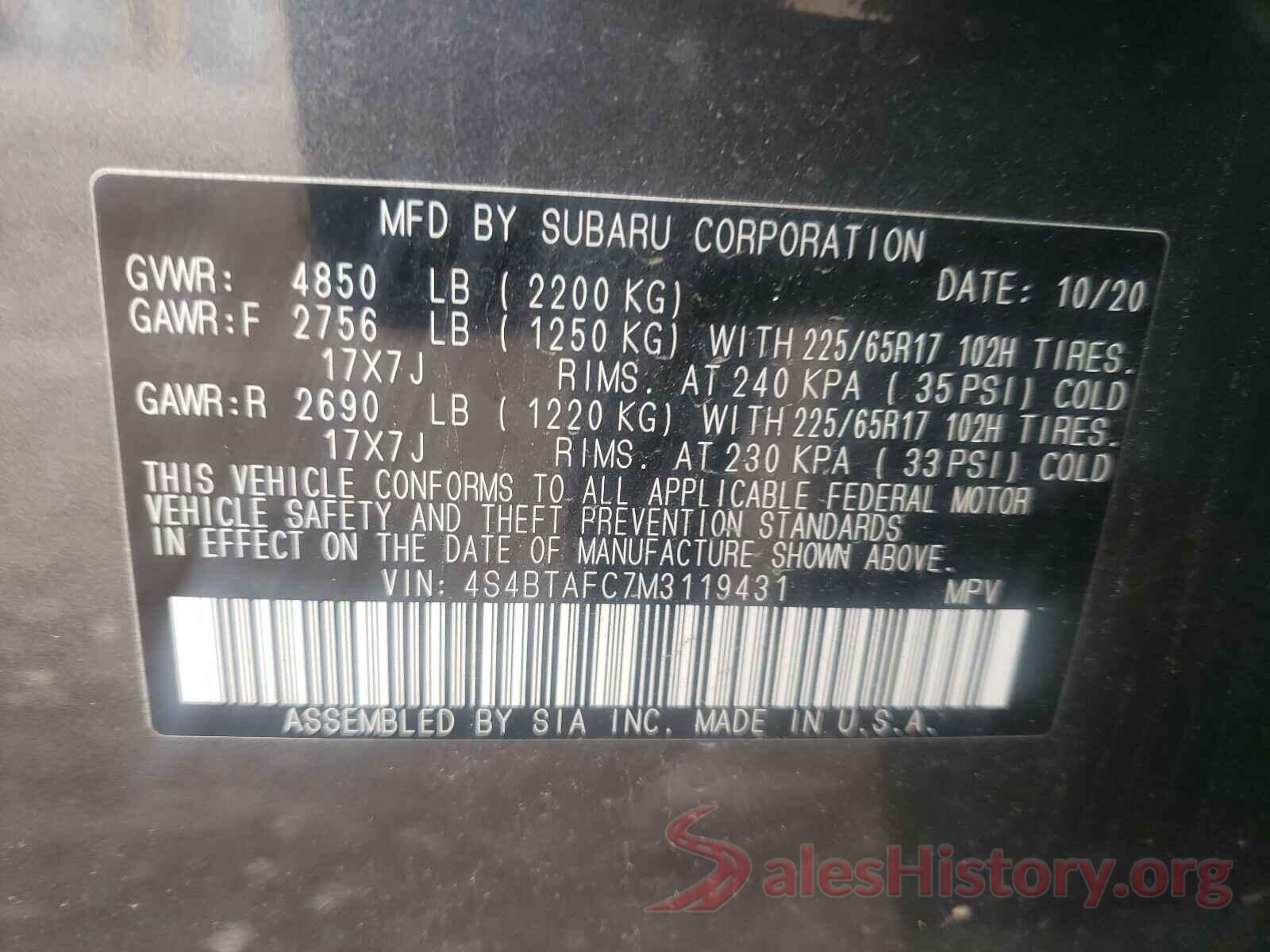 4S4BTAFC7M3119431 2021 SUBARU OUTBACK