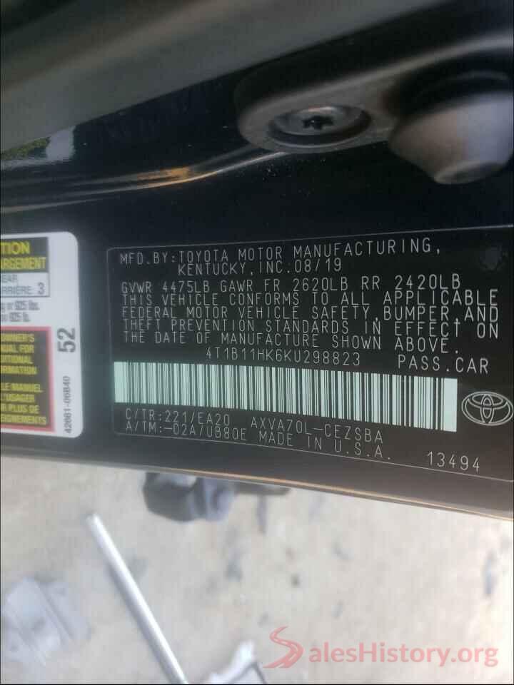 4T1B11HK6KU298823 2019 TOYOTA CAMRY