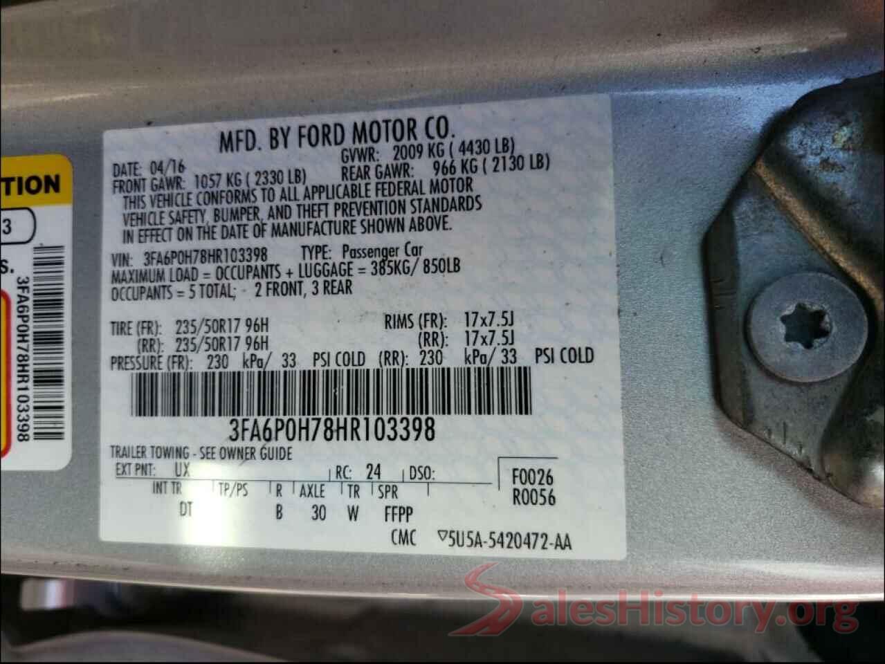 3FA6P0H78HR103398 2017 FORD FUSION