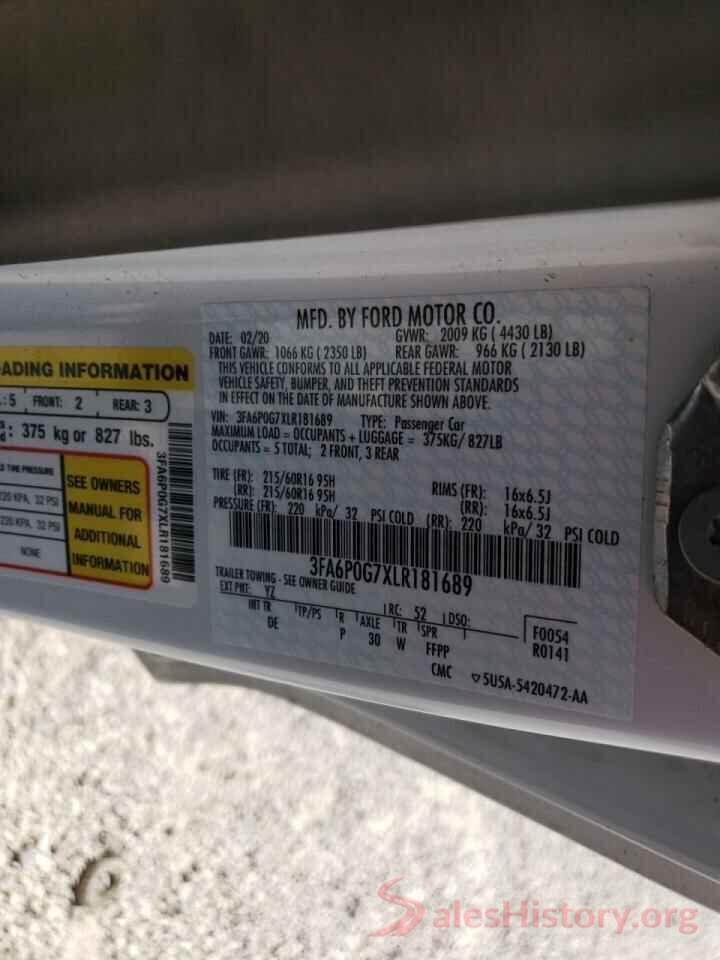 3FA6P0G7XLR181689 2020 FORD FUSION