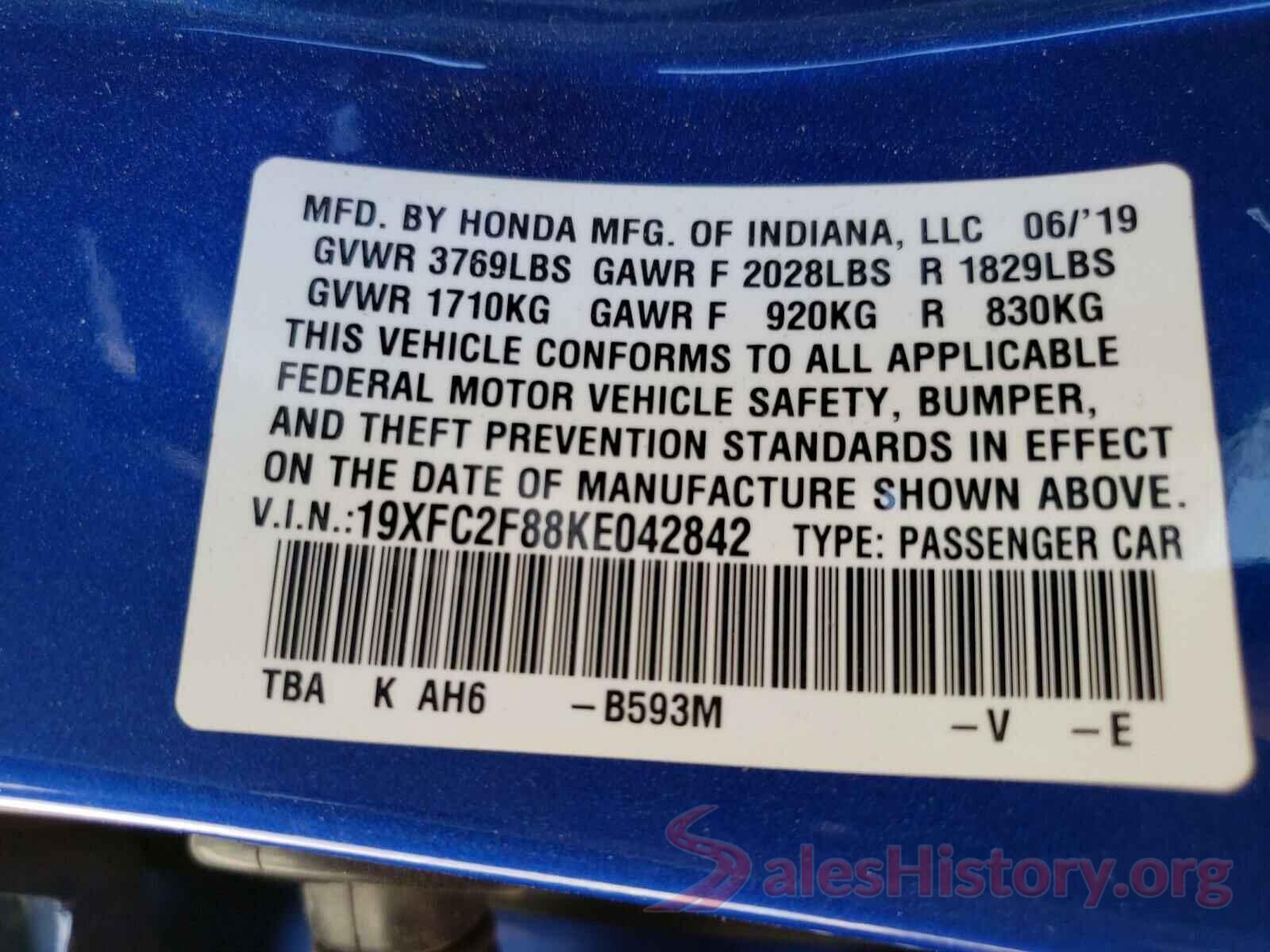 19XFC2F88KE042842 2019 HONDA CIVIC