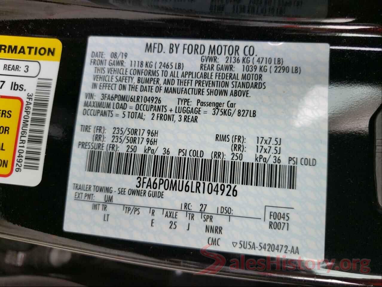 3FA6P0MU6LR104926 2020 FORD FUSION