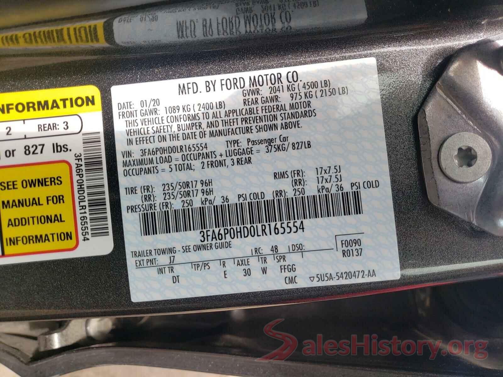 3FA6P0HD0LR165554 2020 FORD FUSION