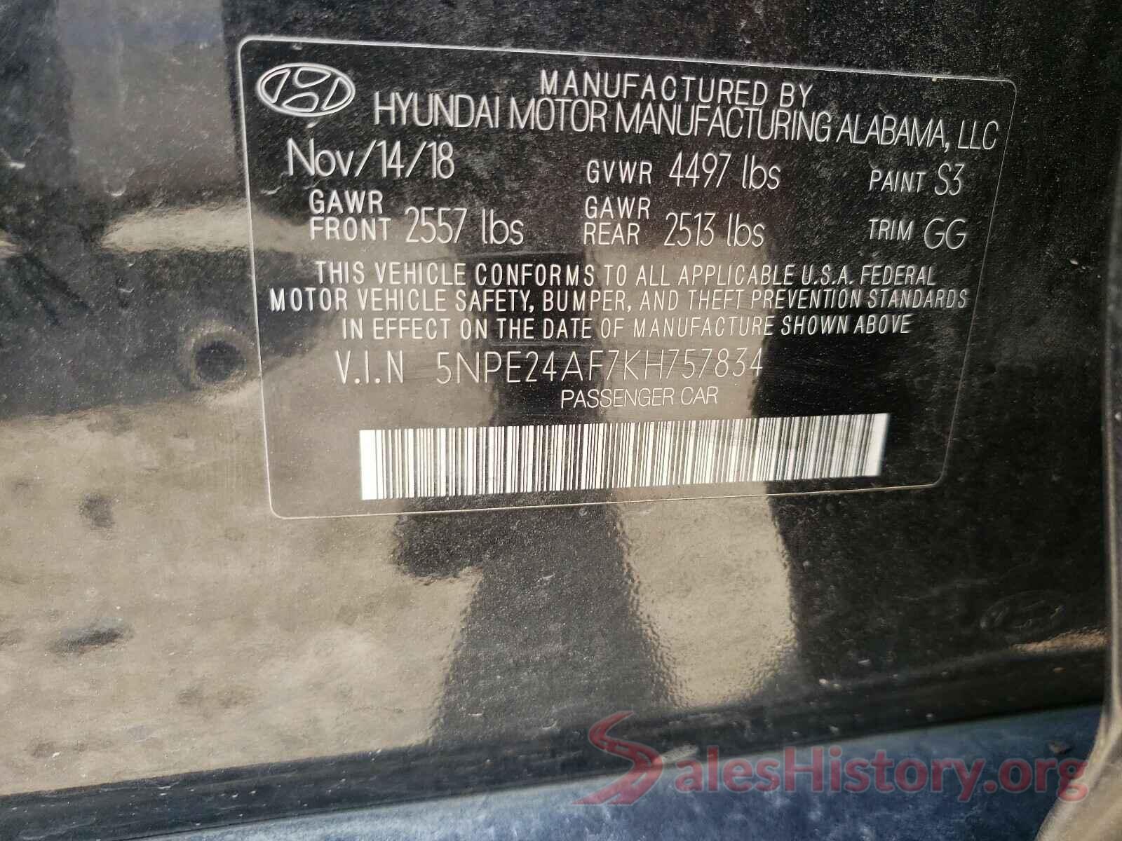 5NPE24AF7KH757834 2019 HYUNDAI SONATA