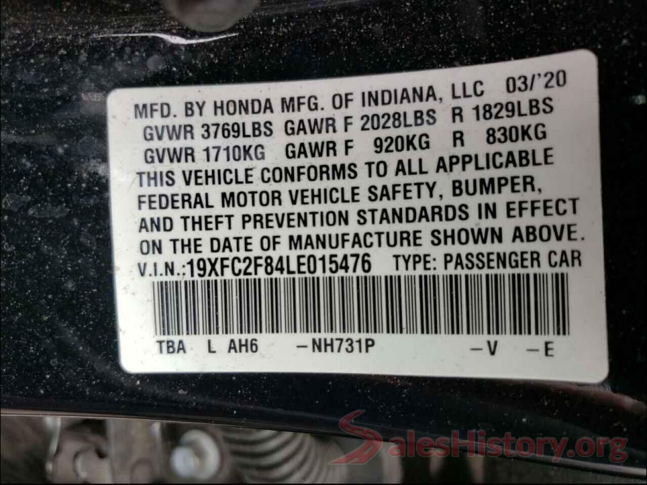 19XFC2F84LE015476 2020 HONDA CIVIC