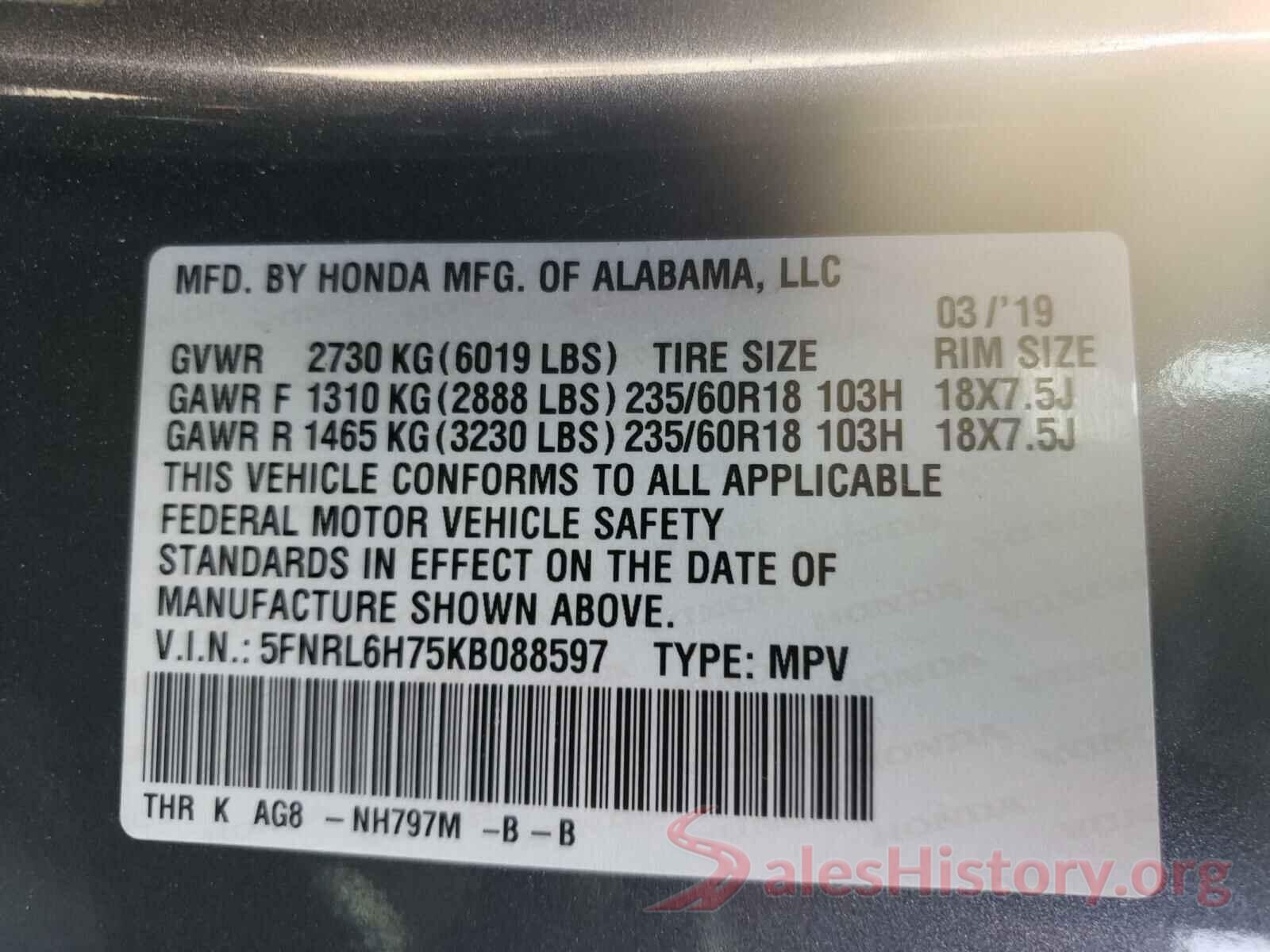 5FNRL6H75KB088597 2019 HONDA ODYSSEY