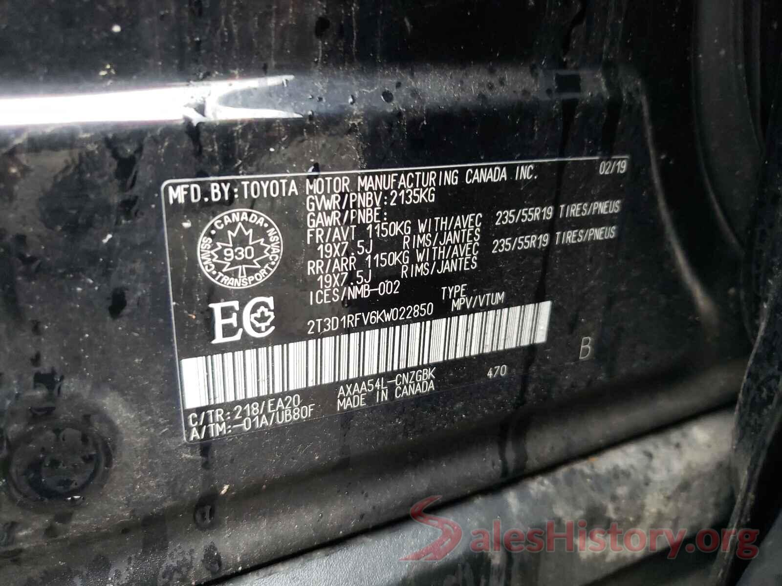 2T3D1RFV6KW022850 2019 TOYOTA RAV4