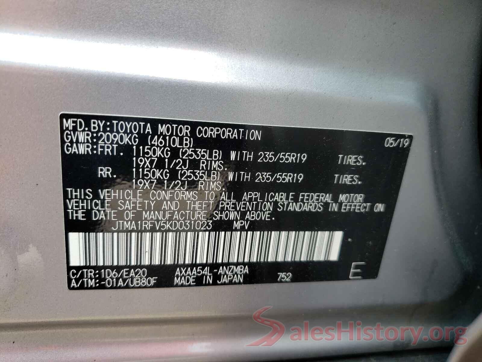 JTMA1RFV5KD031023 2019 TOYOTA RAV4