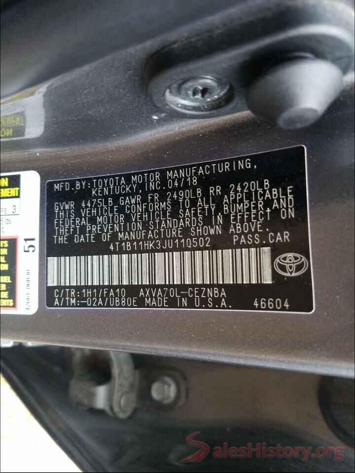 4T1B11HK3JU110502 2018 TOYOTA CAMRY