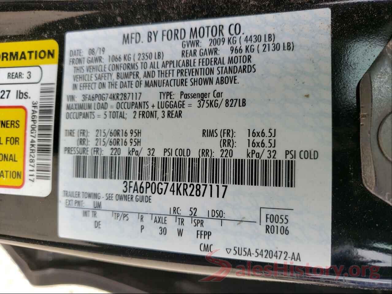 3FA6P0G74KR287117 2019 FORD FUSION