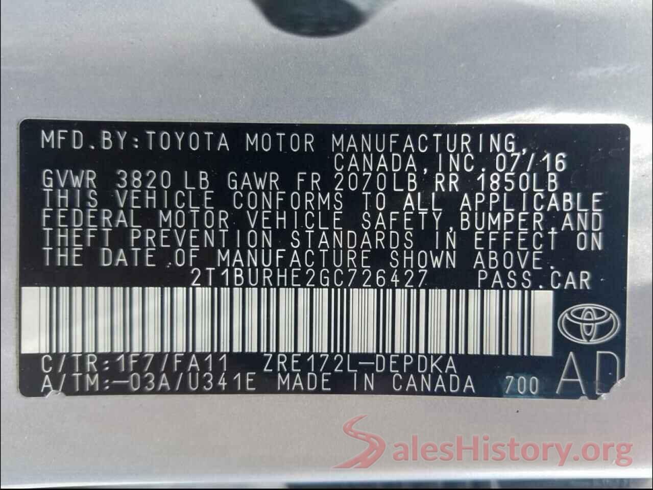 2T1BURHE2GC726427 2016 TOYOTA COROLLA