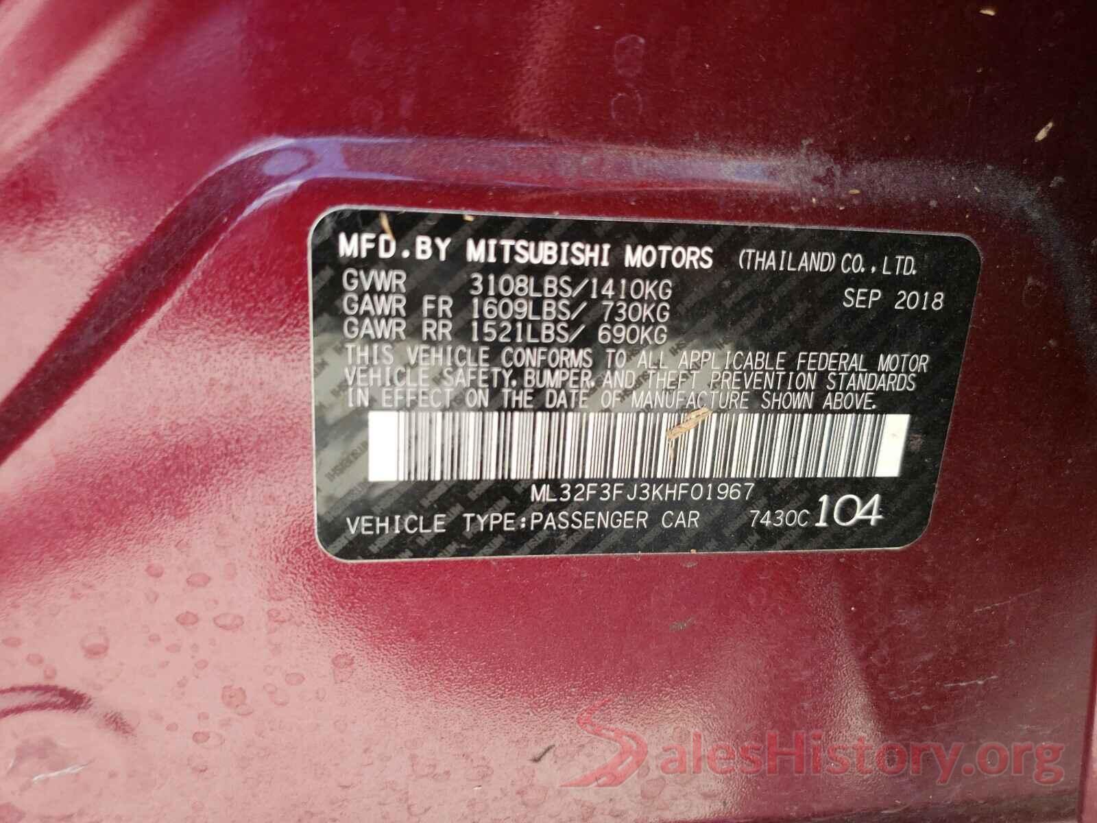 ML32F3FJ3KHF01967 2019 MITSUBISHI MIRAGE