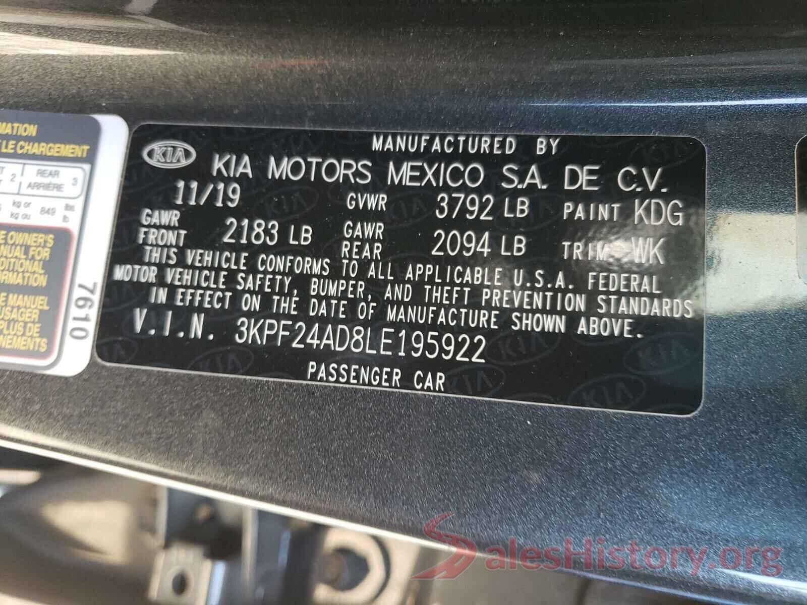 3KPF24AD8LE195922 2020 KIA FORTE