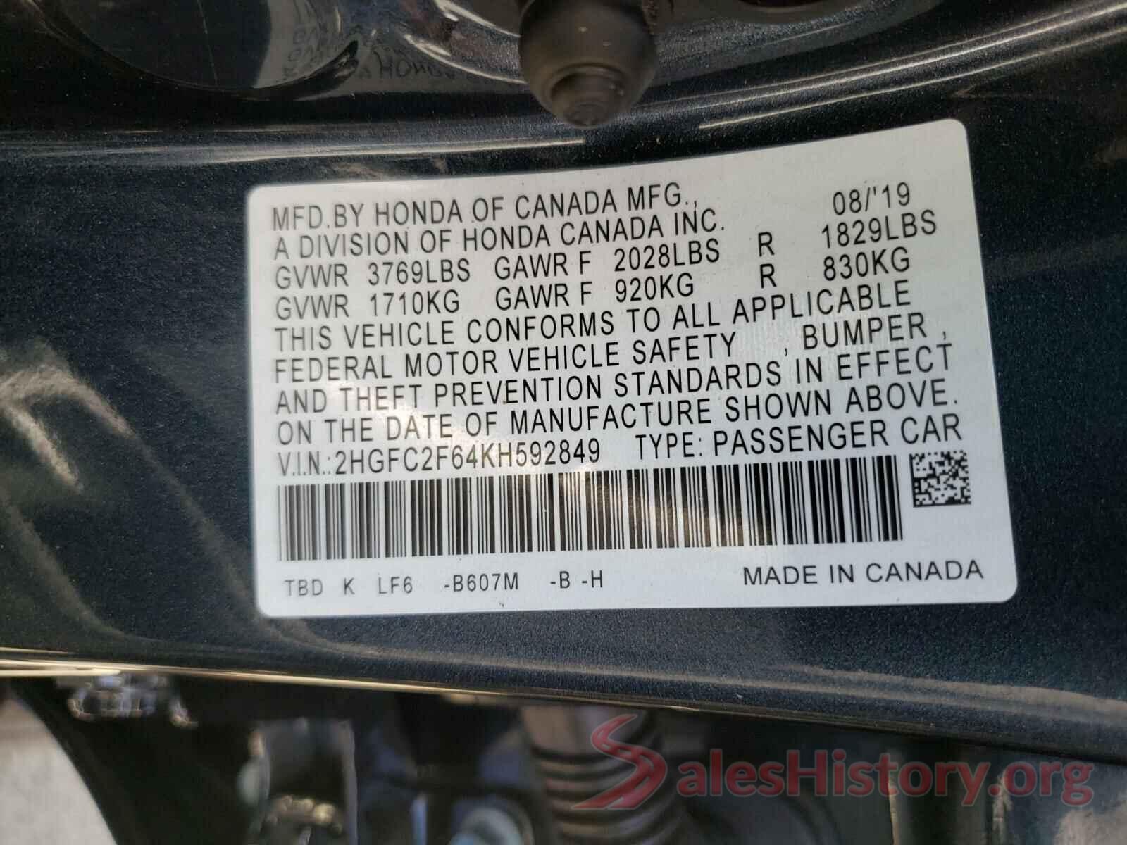 2HGFC2F64KH592849 2019 HONDA CIVIC