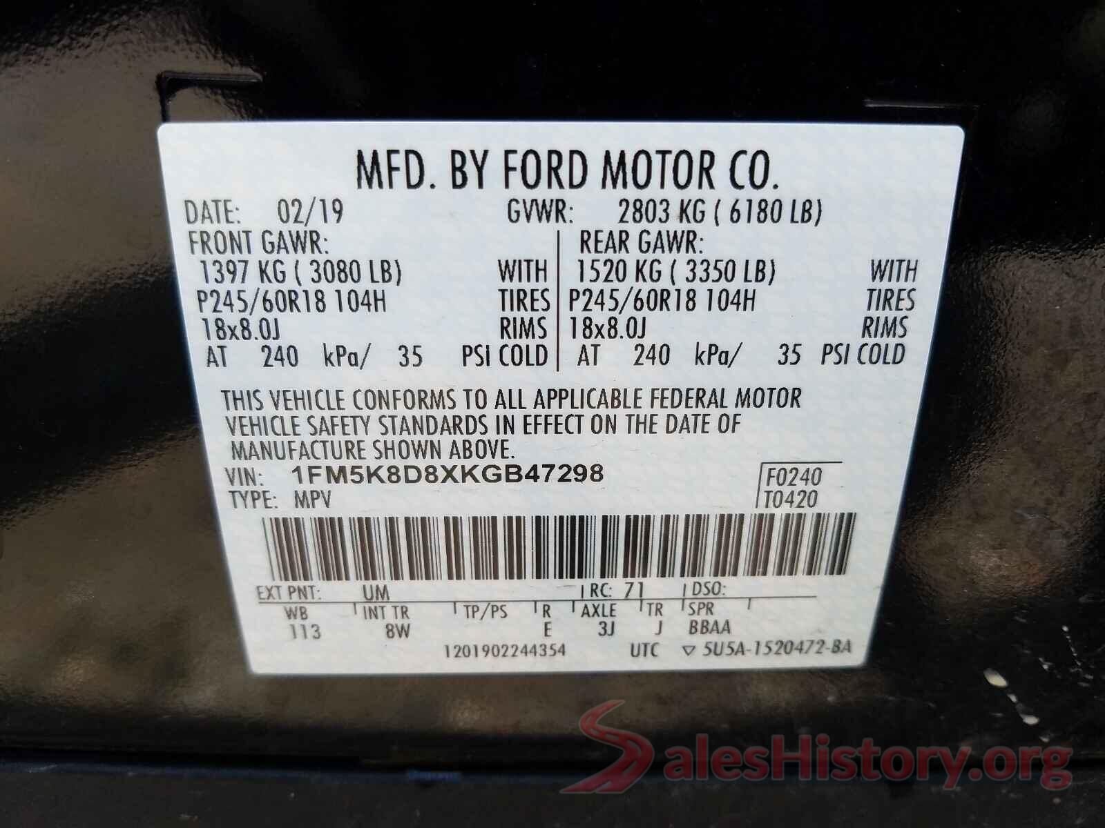 1FM5K8D8XKGB47298 2019 FORD EXPLORER