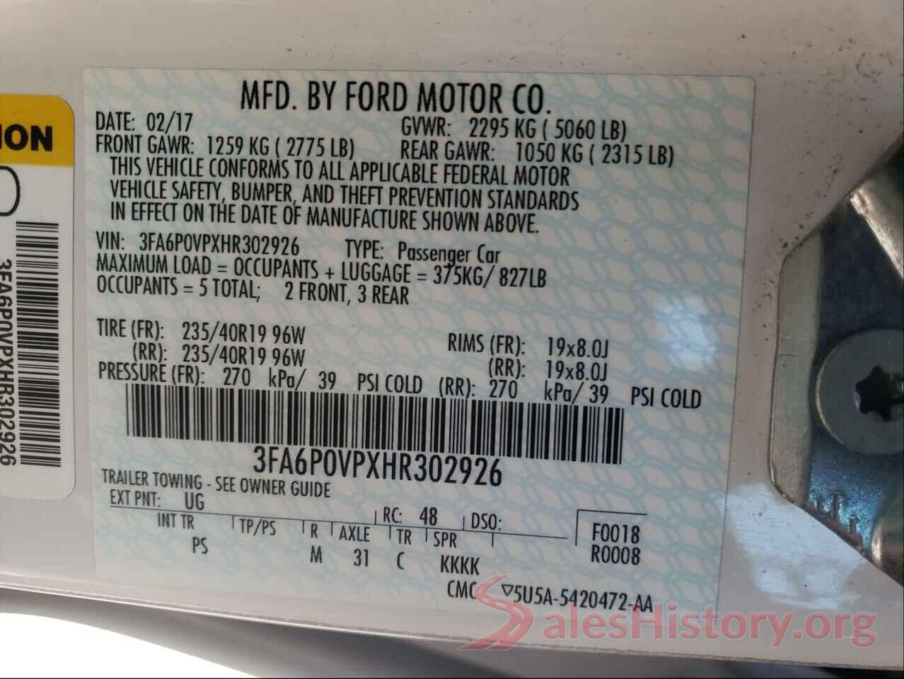 3FA6P0VPXHR302926 2017 FORD FUSION