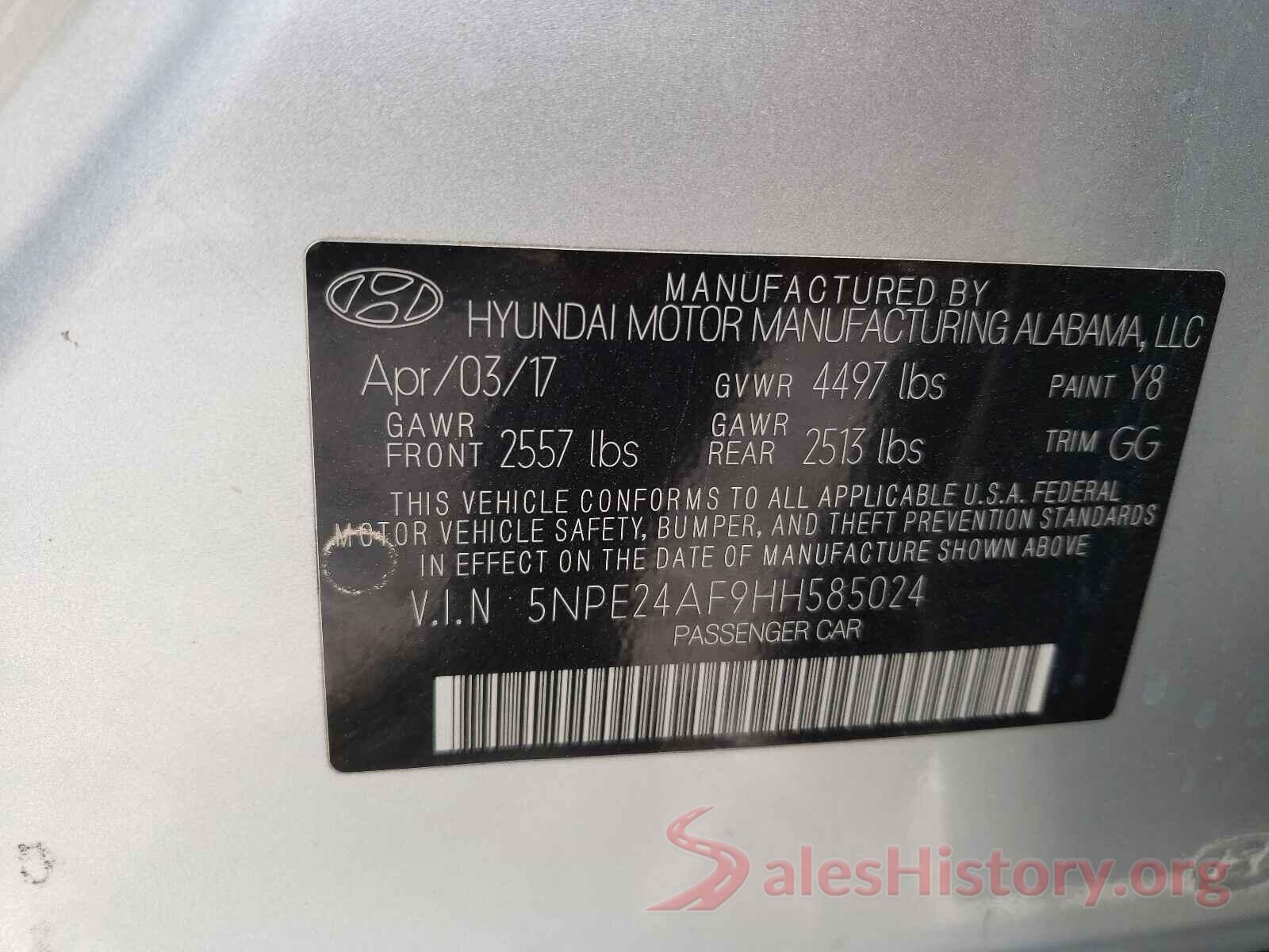 5NPE24AF9HH585024 2017 HYUNDAI SONATA