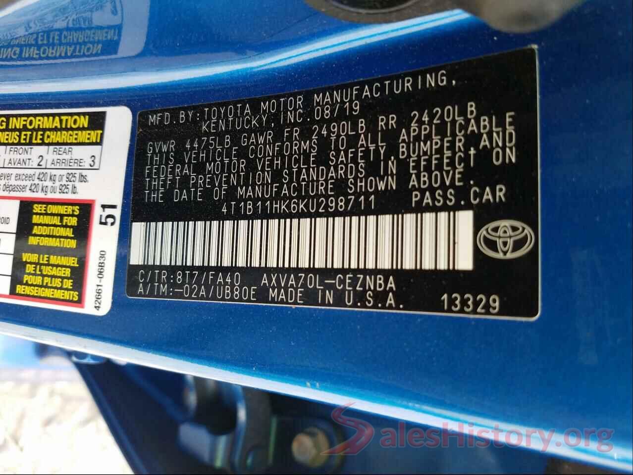 4T1B11HK6KU298711 2019 TOYOTA CAMRY