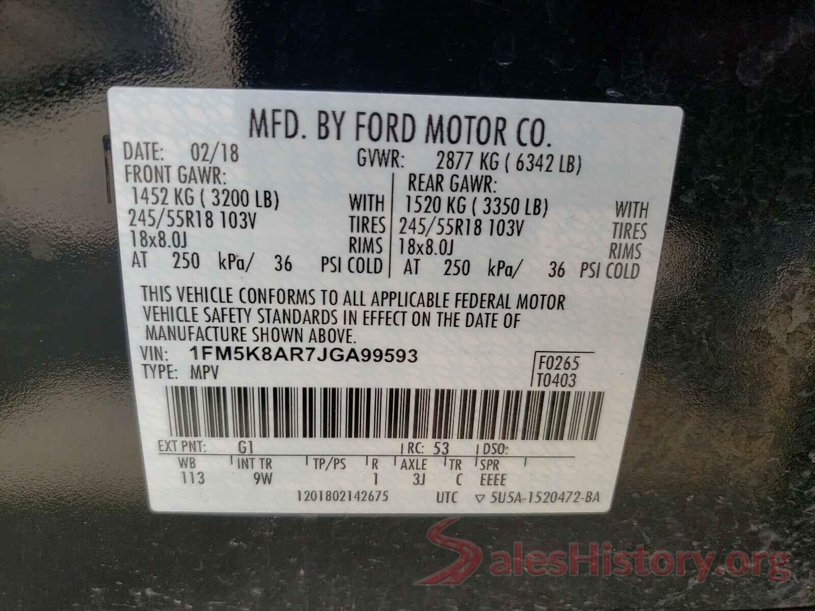 1FM5K8AR7JGA99593 2018 FORD EXPLORER