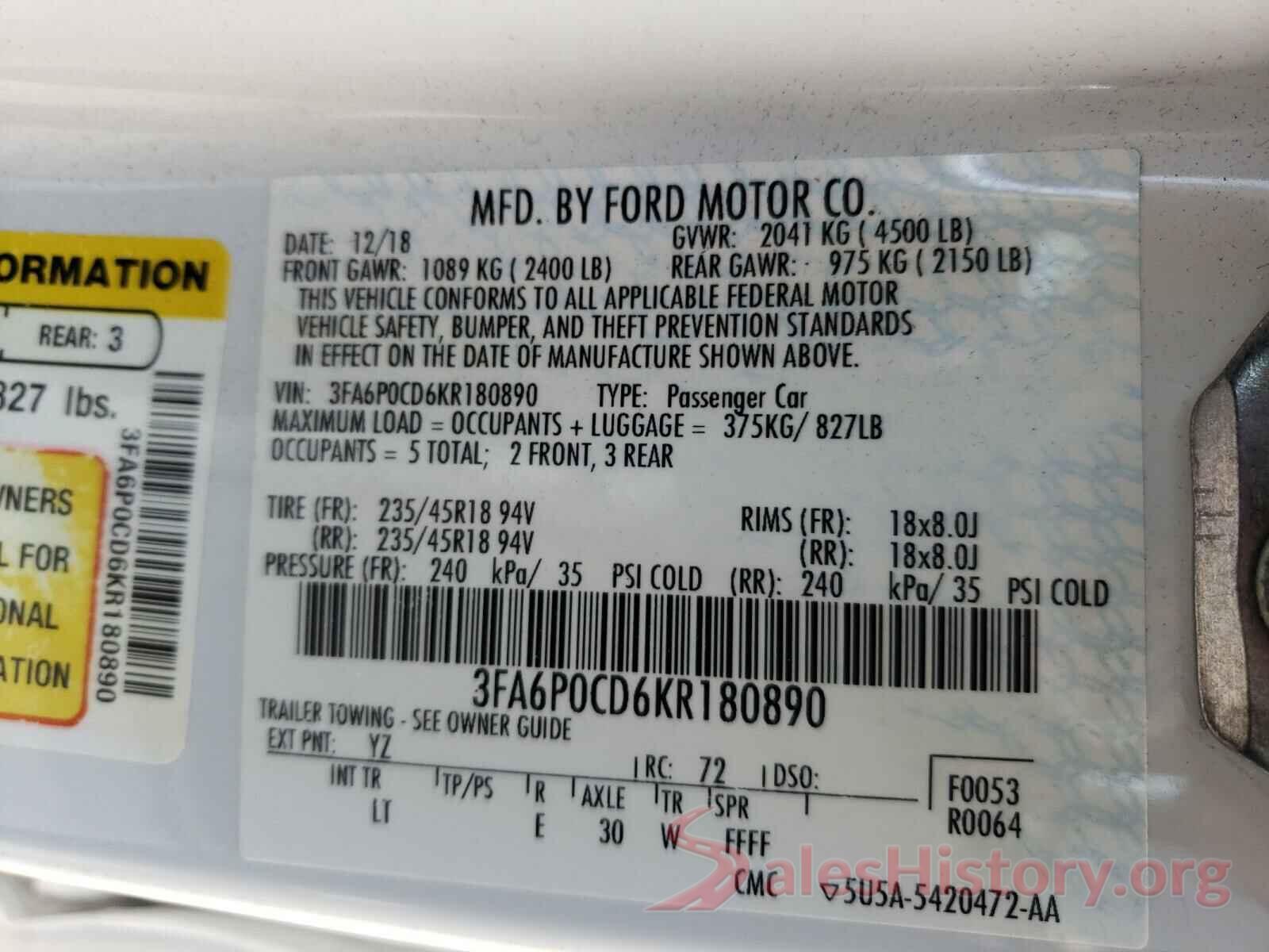 3FA6P0CD6KR180890 2019 FORD FUSION