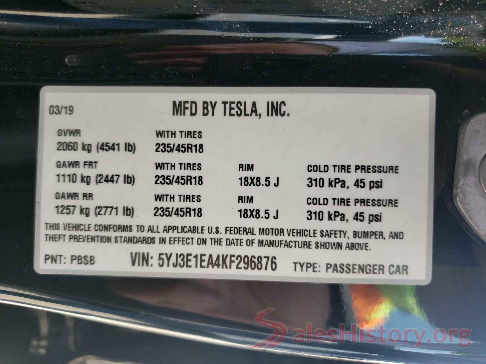 5YJ3E1EA4KF296876 2019 TESLA MODEL 3