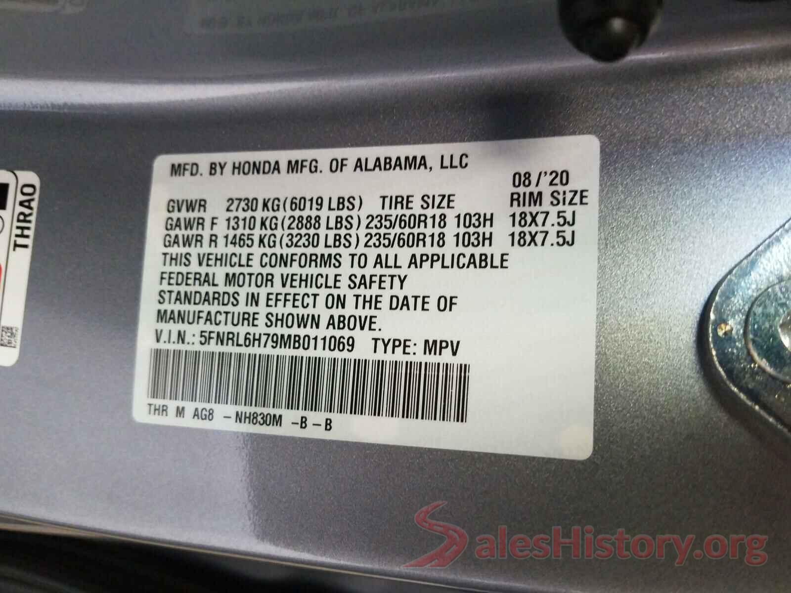 5FNRL6H79MB011069 2021 HONDA ODYSSEY