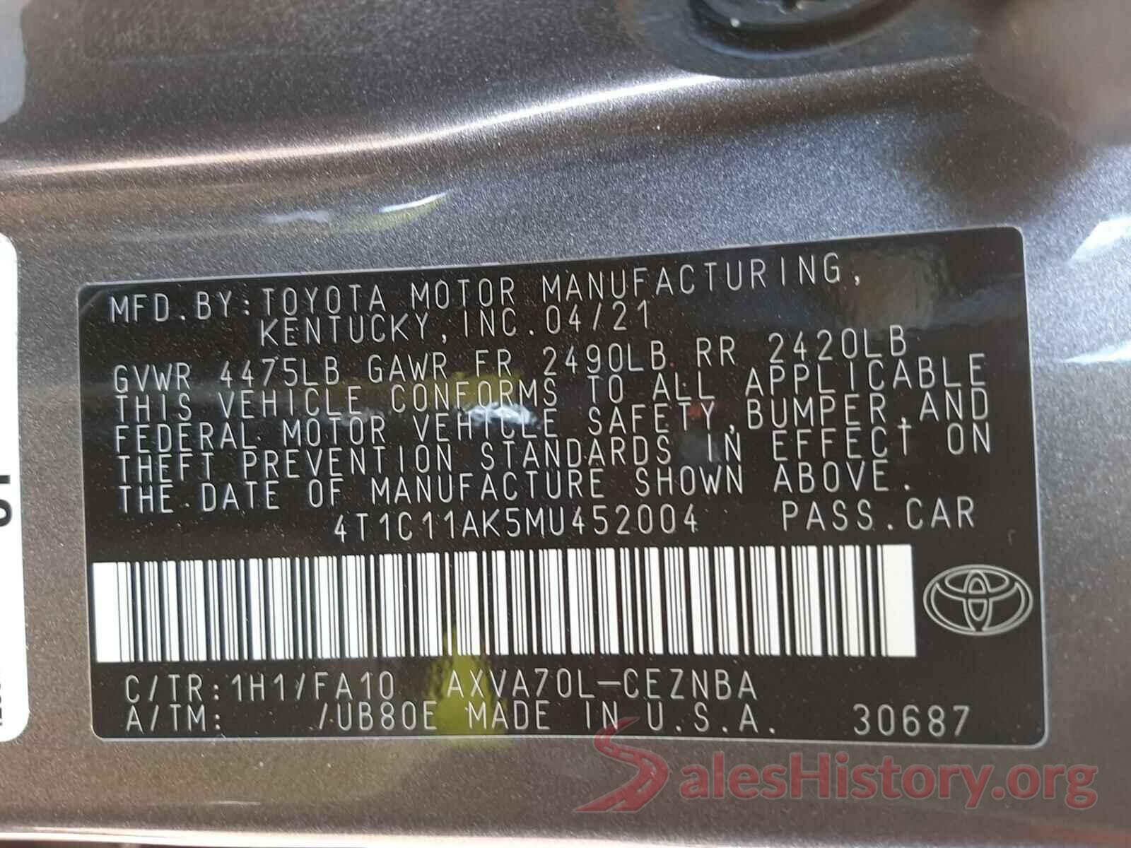 4T1C11AK5MU452004 2021 TOYOTA CAMRY