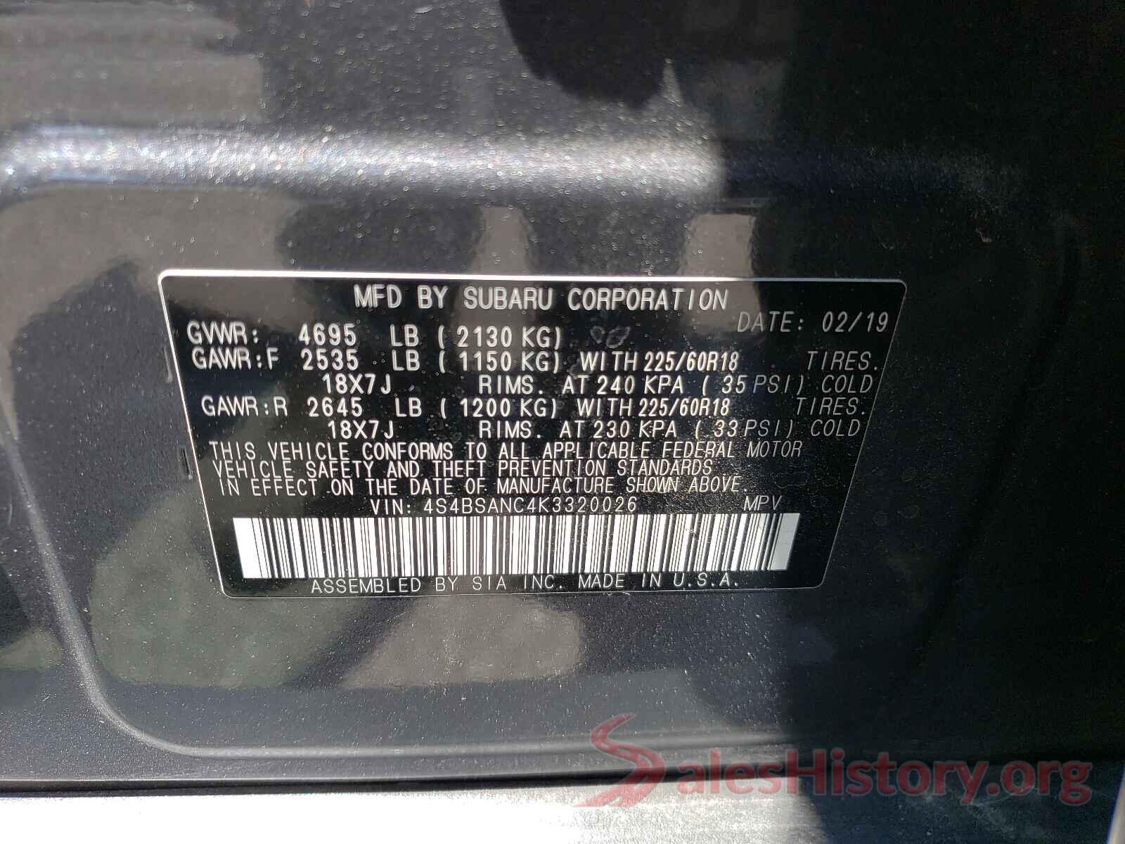 4S4BSANC4K3320026 2019 SUBARU OUTBACK