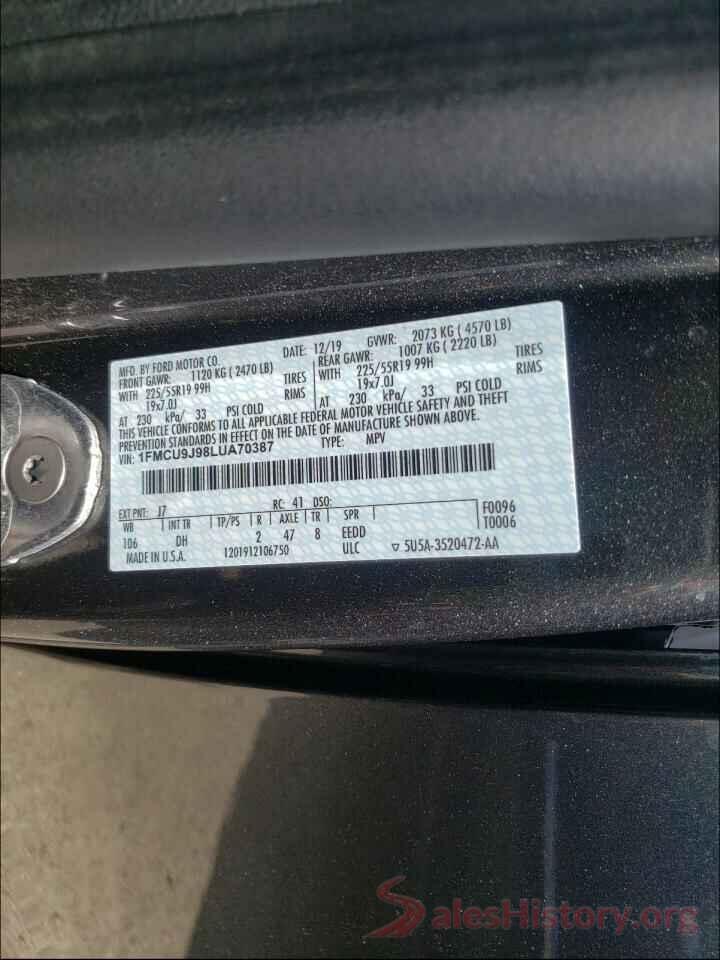 1FMCU9J98LUA70387 2020 FORD ESCAPE