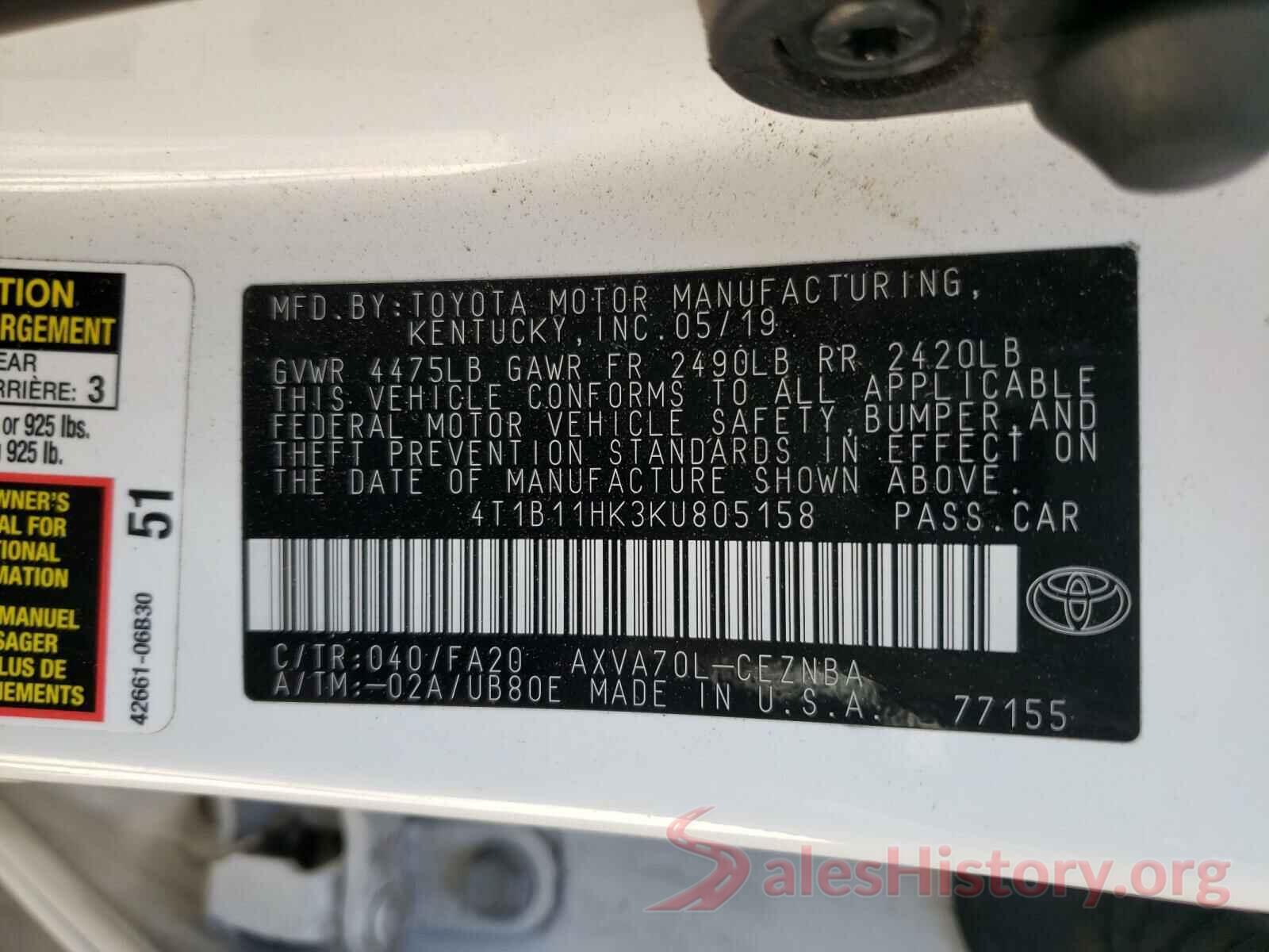 4T1B11HK3KU805158 2019 TOYOTA CAMRY