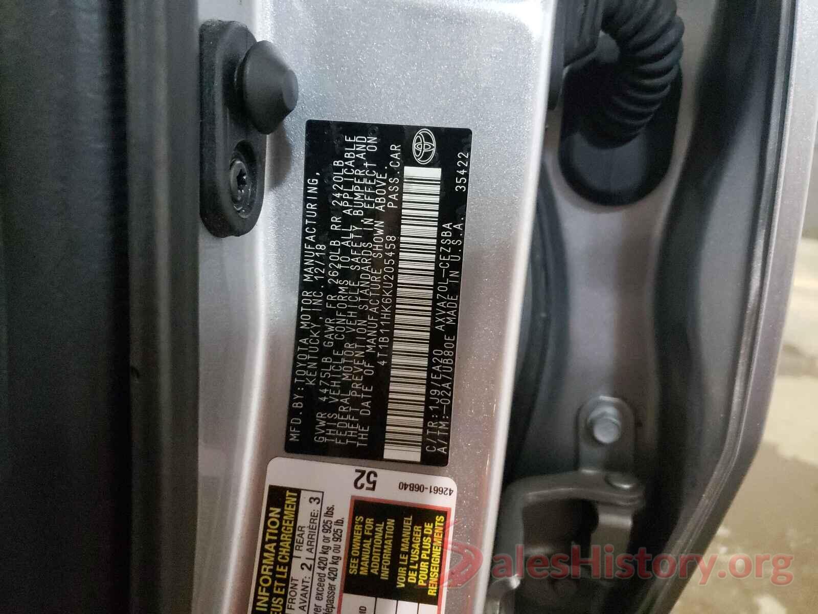 4T1B11HK6KU205458 2019 TOYOTA CAMRY