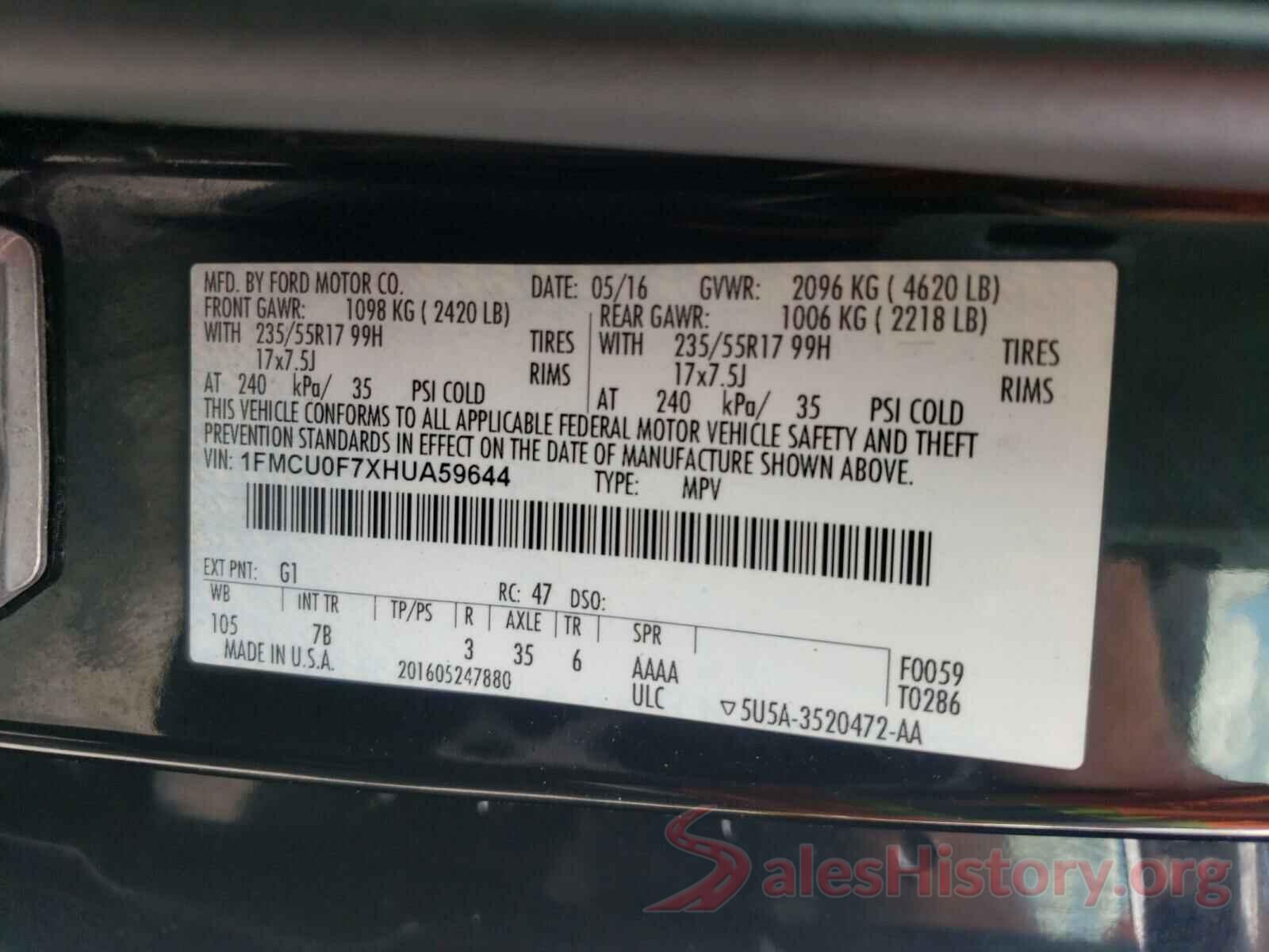 1FMCU0F7XHUA59644 2017 FORD ESCAPE