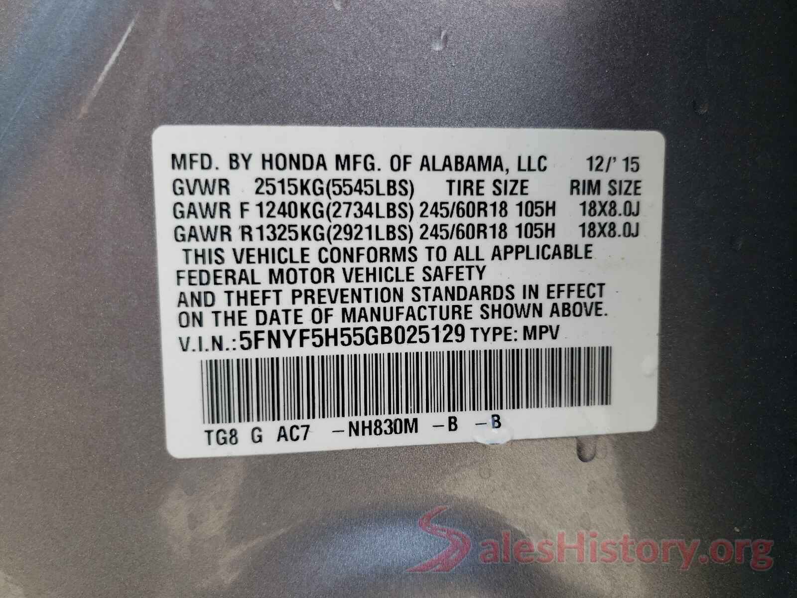 5FNYF5H55GB025129 2016 HONDA PILOT