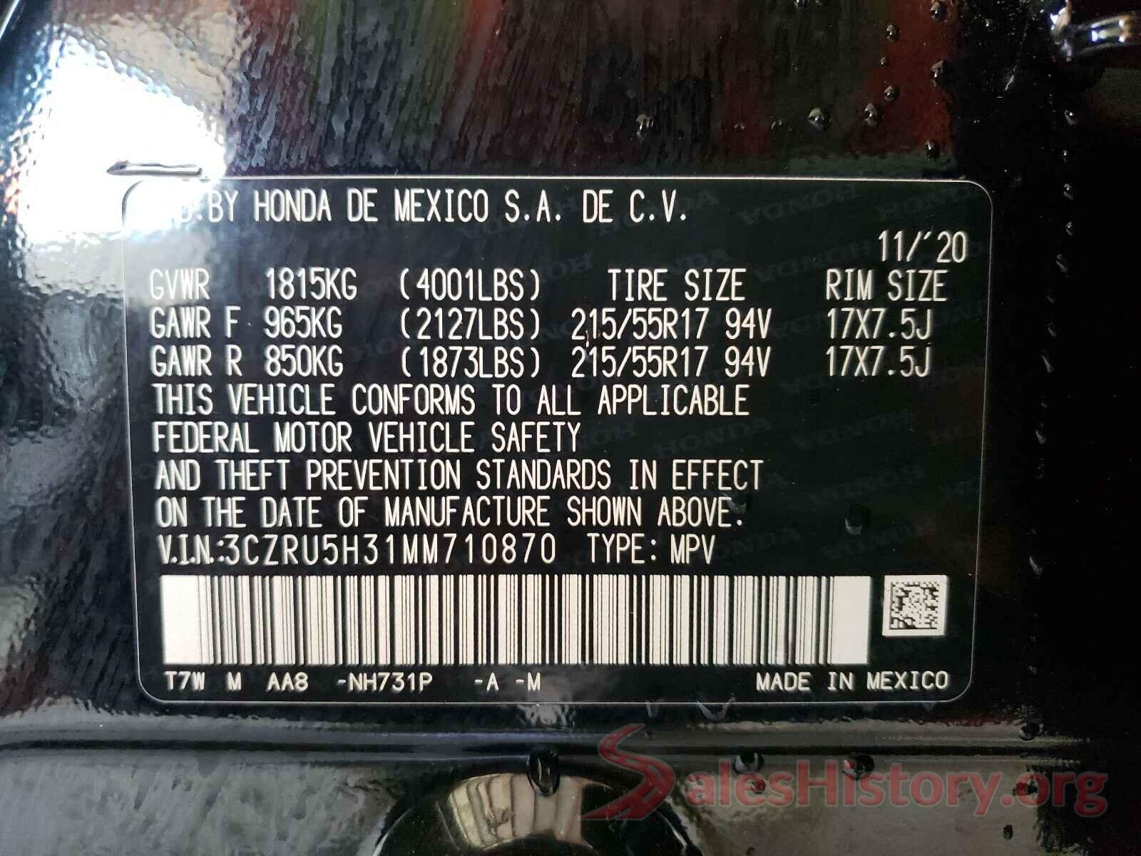 3CZRU5H31MM710870 2021 HONDA HR-V