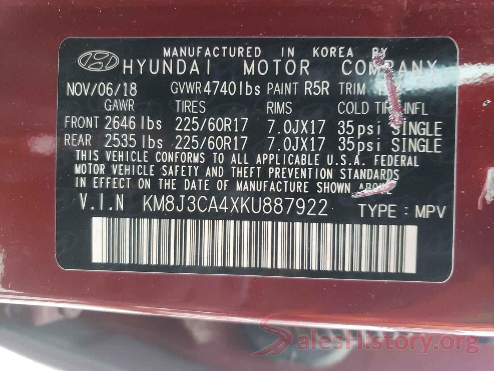 KM8J3CA4XKU887922 2019 HYUNDAI TUCSON