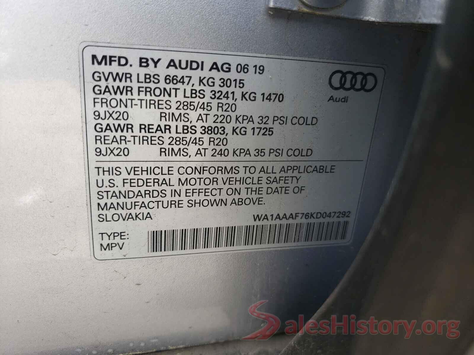 WA1AAAF76KD047292 2019 AUDI Q7