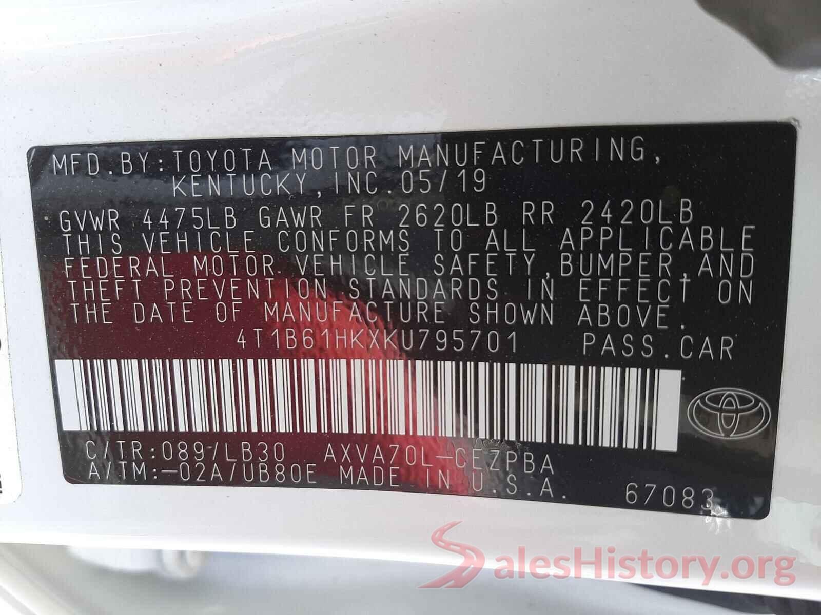 4T1B61HKXKU795701 2019 TOYOTA CAMRY